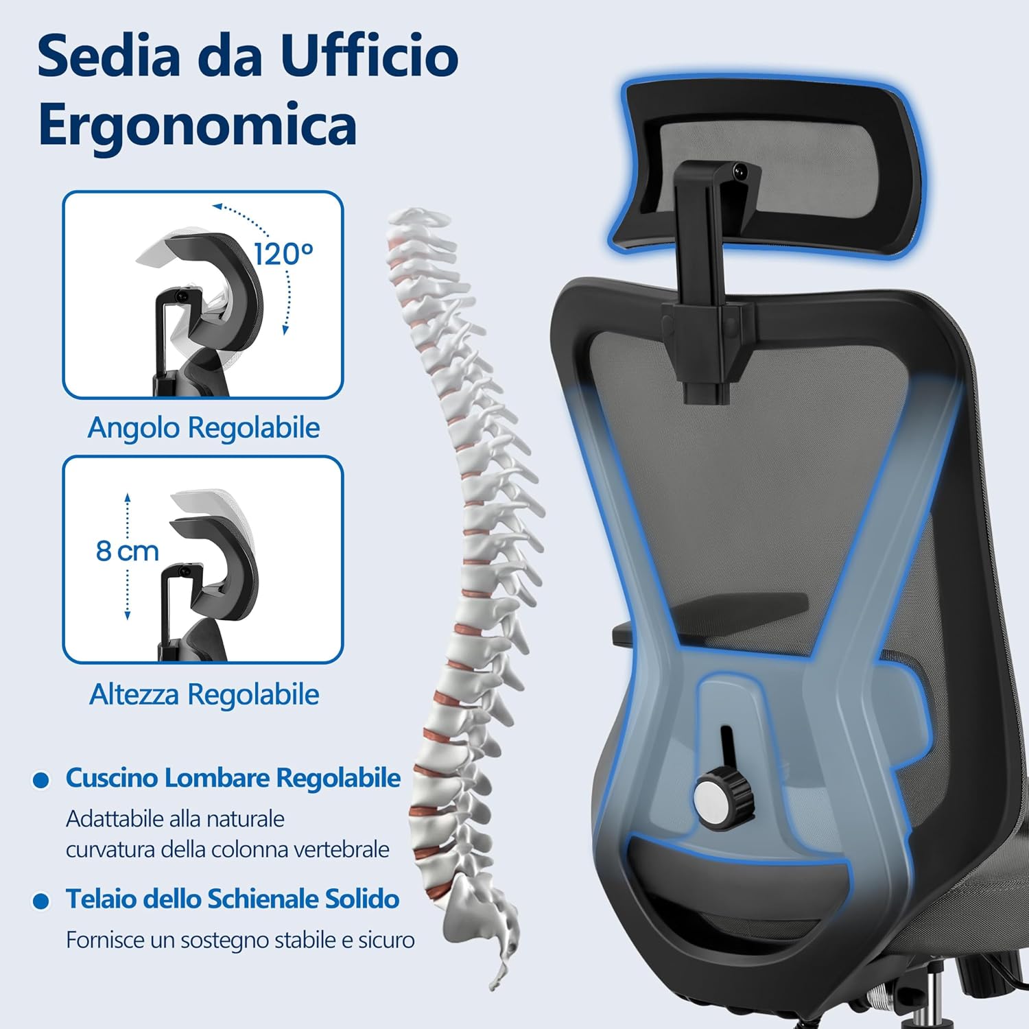 Thumbnail 6 de Yaheetech Poltrona da Ufficio Ergonomica con Schienale a S, Reclinabile e Bloccabile tra 90° e 130° (Rete Traspirante)