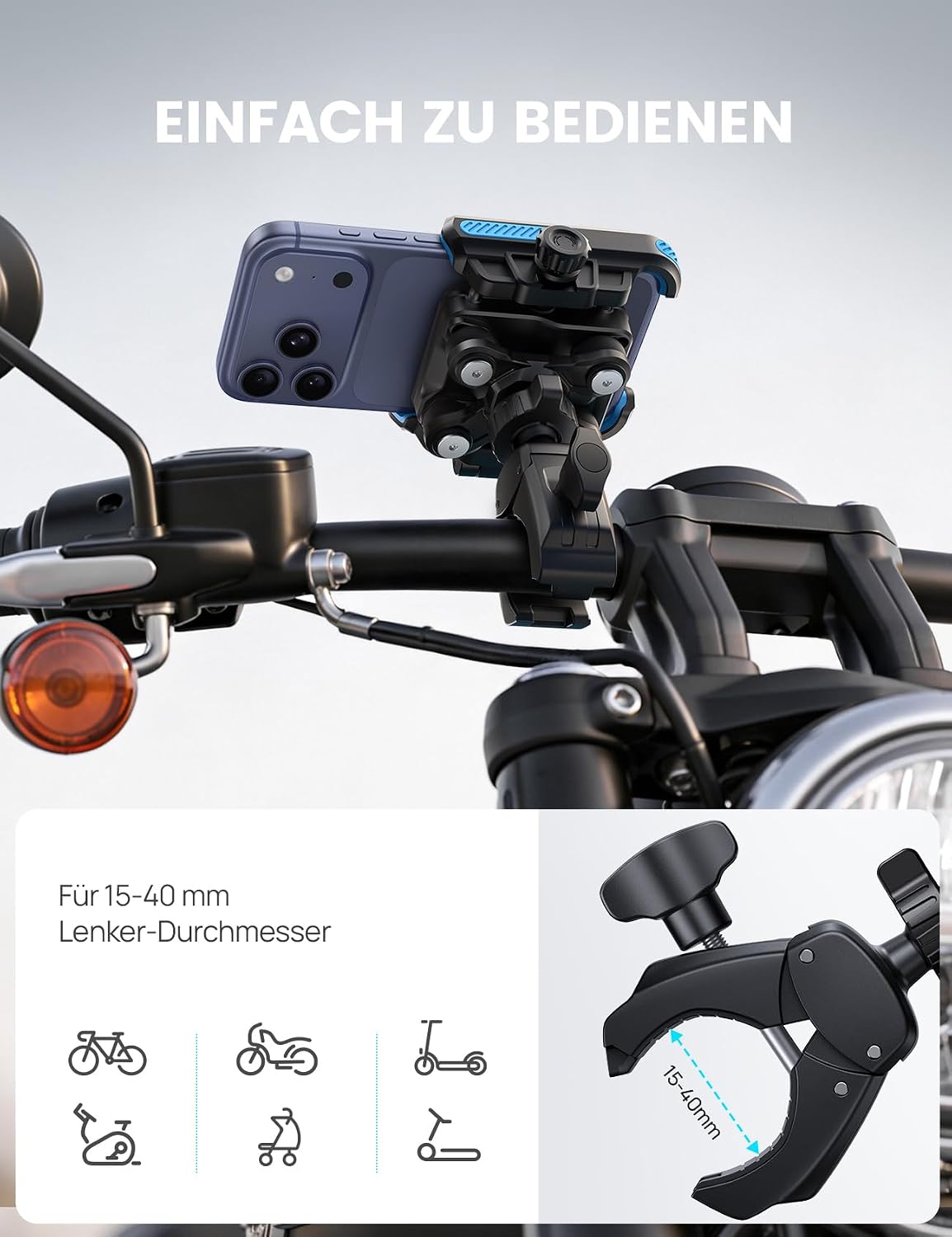 Detalle 2 de Lamicall Motorrad-Handyhalterung mit Dämpfung – 360° Verstellung, kompatibel mit iPhone 17/16 und 4,7–7,2 Zoll Smartphones