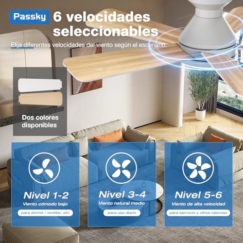Detalle de Passky Ventilador de Techo 107 cm con Luz LED, Mando y Motor DC Silencioso