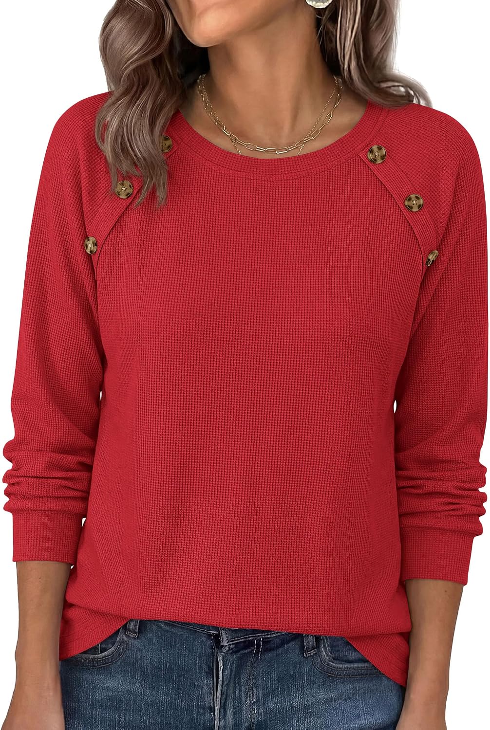 Detalle de PRETTYGARDEN PR1559 Waffle-Knit Tunic Top with Raglan Sleeves