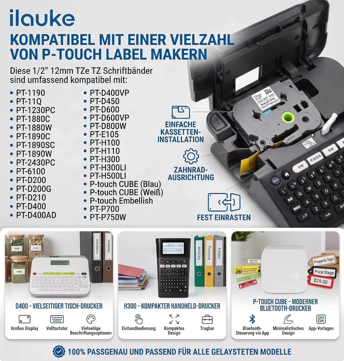 Detalle de 4er-Set kompatibles Brother TZe-231 Etikettenband (12 mm, weiß) – wasser- und ölbeständig für P-touch