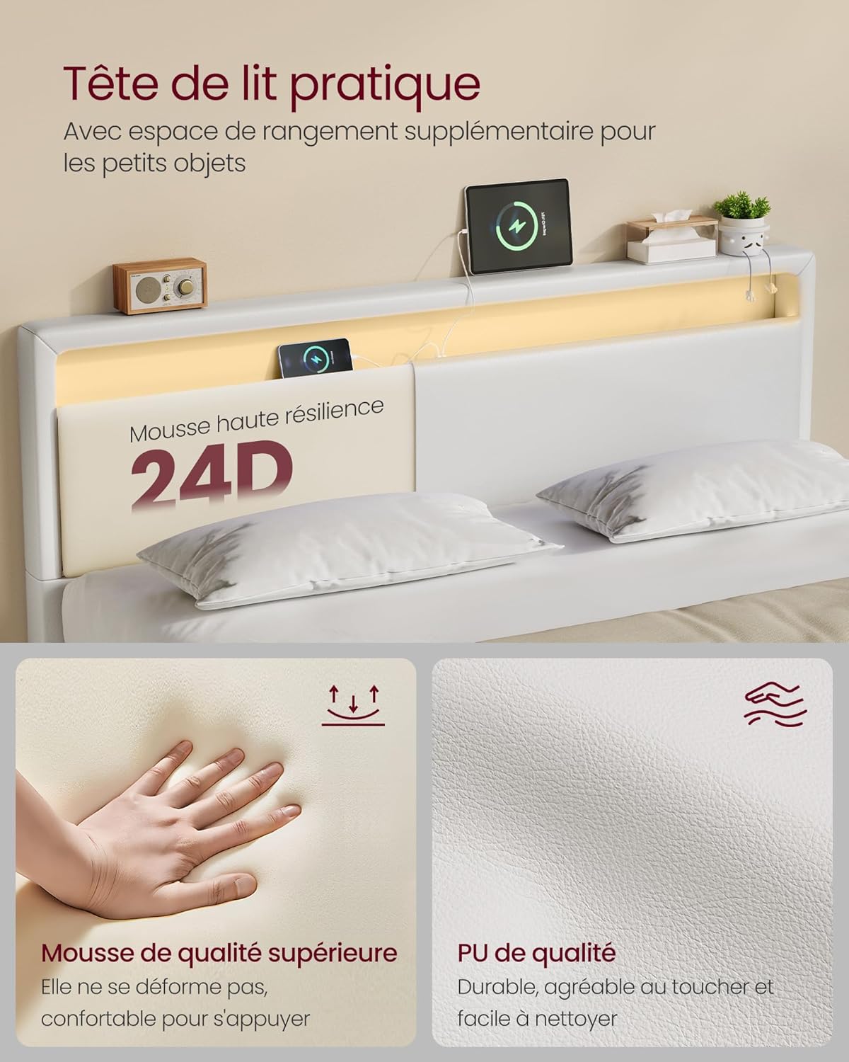 Thumbnail 5 de VASAGLE Lit double 140 x 190 cm cadre flottant avec LED