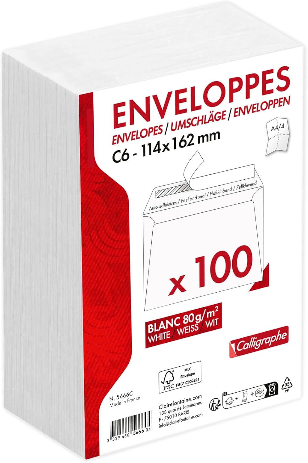 Detalle 2 de Calligraphe 5665C: Buste DL 110x220mm autoadesive da 100 pezzi, carta 80 g/m², senza finestra