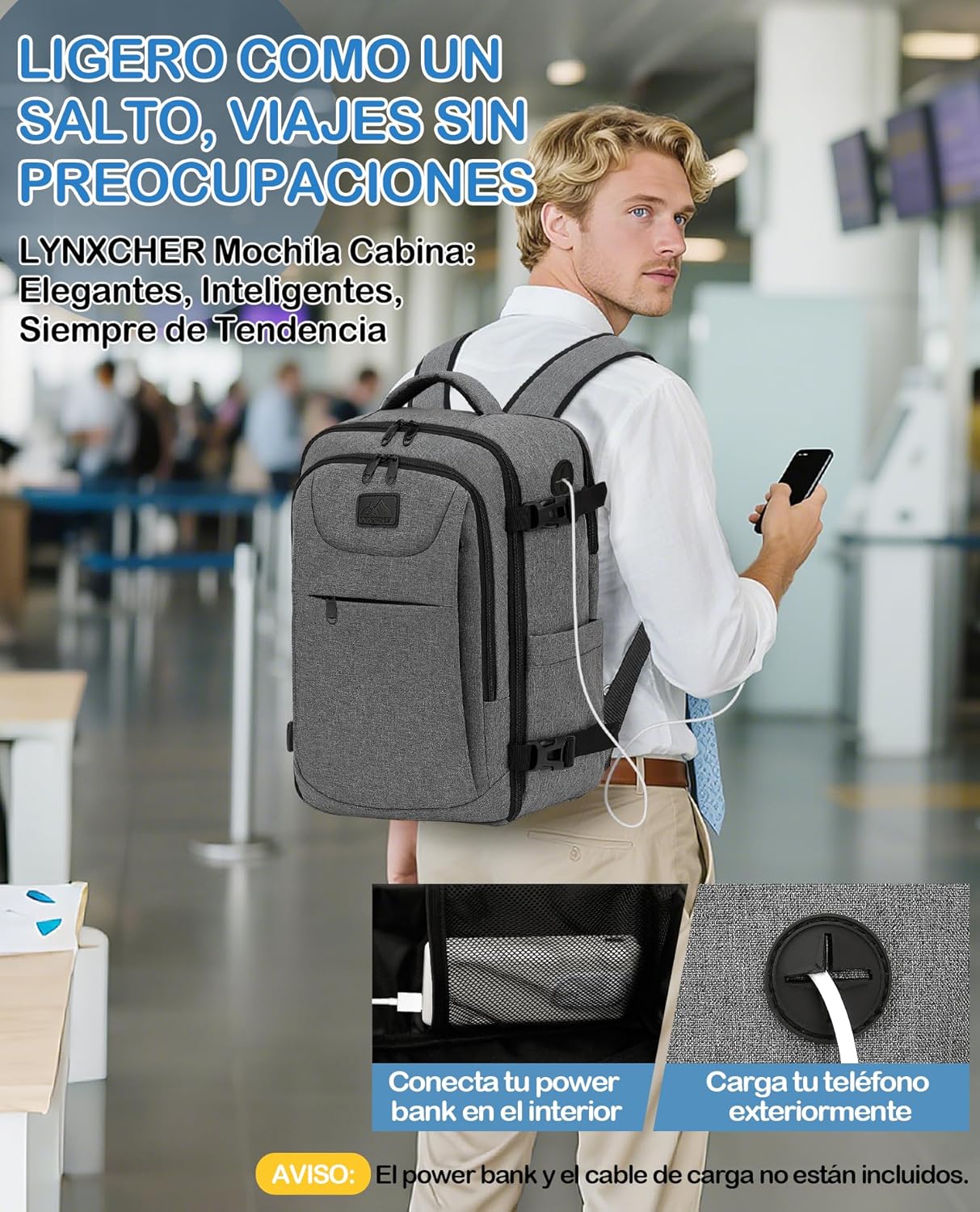 Thumbnail 5 de LYNXCHER Mochila de Viaje Cabina ✈️ 30L para Portátil 15.6" Gris