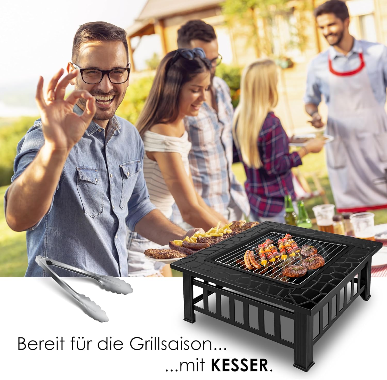 Thumbnail 4 de KESSER Feuerstelle mit Grillrost & Grillzange (82×82×50 cm) – 3in1 Fire Pit für Garten, Terrasse & Grillabend