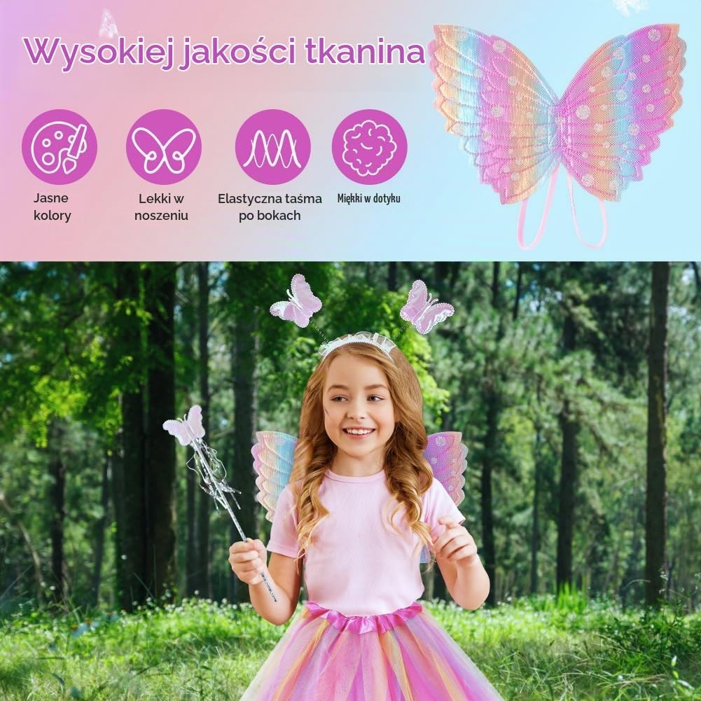 Detalle de BSBUY Skrzydła motyla dla dzieci, zestaw kostiumowy 3/4/5/6 elementów
