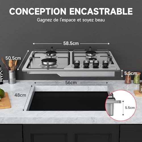 Thumbnail 1 de Plaque Gaz 4 Feux Inox IsEasy – Table Gaz 60 cm, 7200W, encastrable