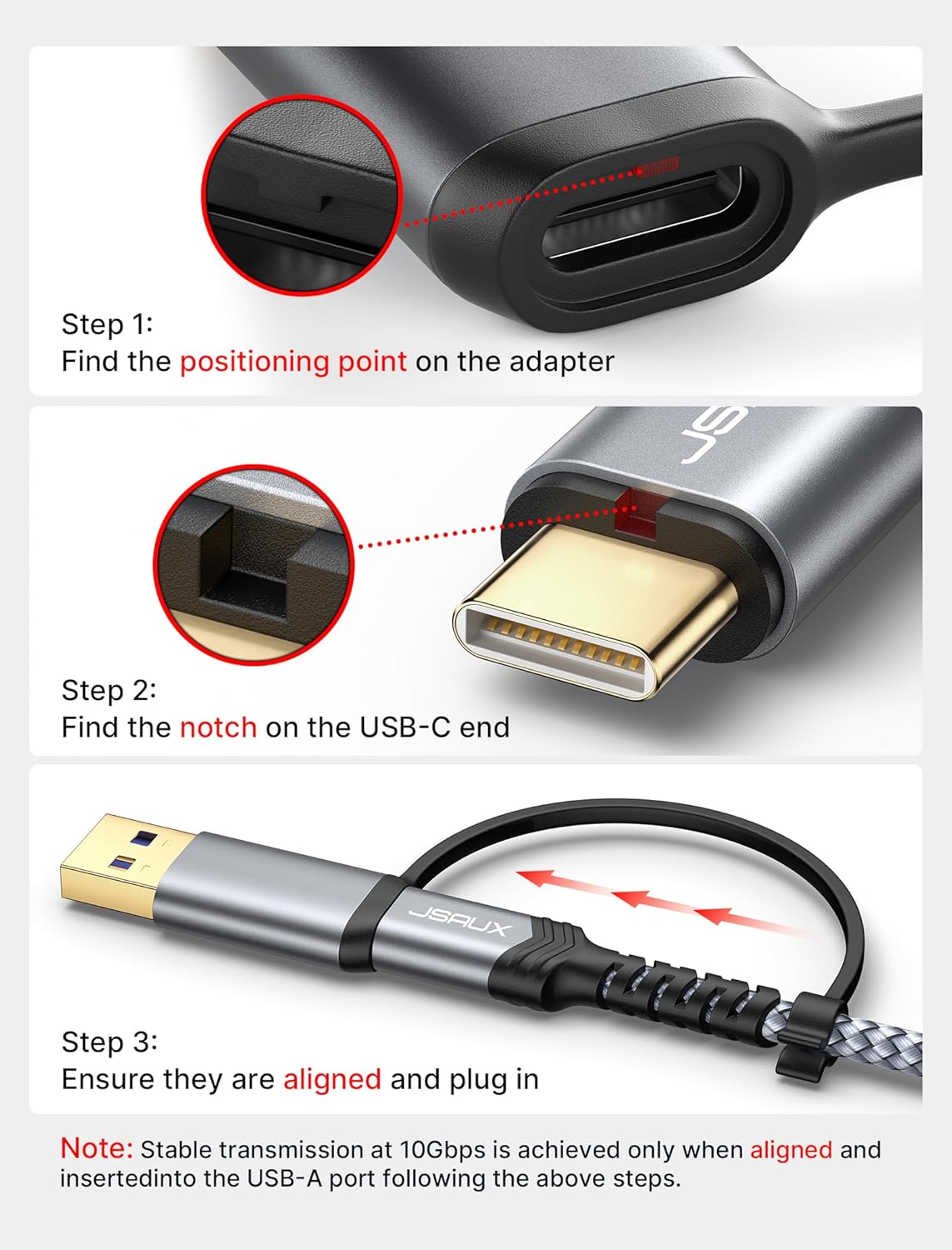 Thumbnail 1 de JSAUX USB 3.0/C auf Micro B Kabel (0,5 m) mit USB-A Adapter – bis zu 20 Gbit/s