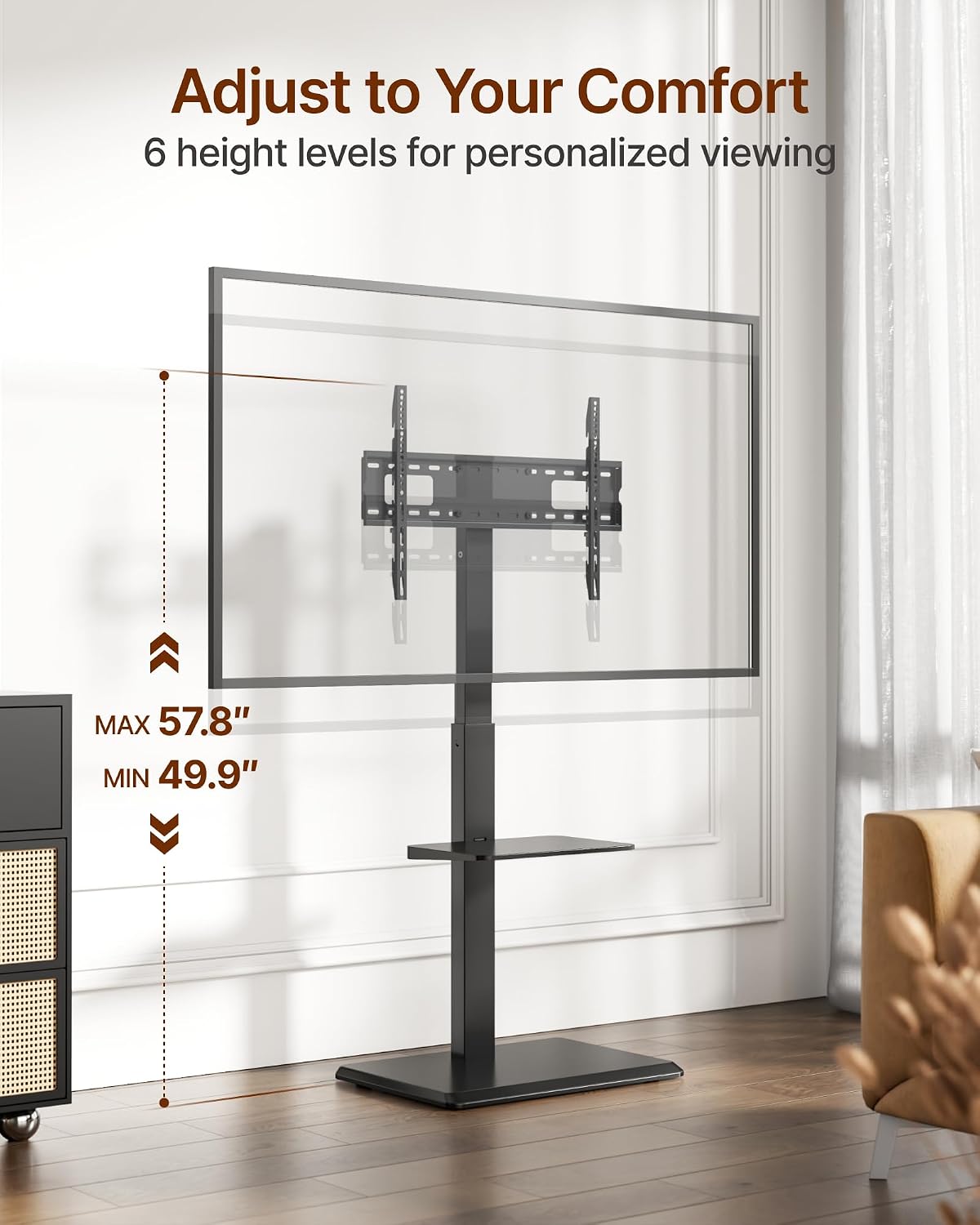 Detalle de ECOTINY Steel Base Floor TV Stand with Power Outlet for 32–75 inch TVs