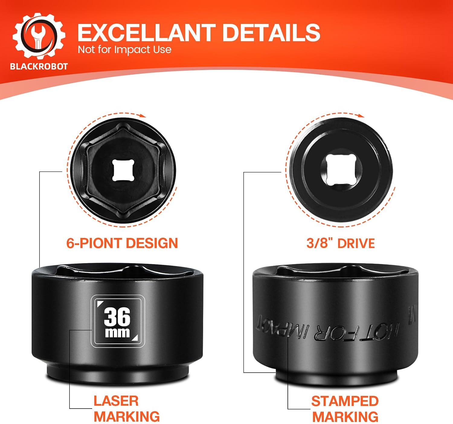 Detalle de BLACKROBOT 36mm Low-Profile Oil Filter Socket, 3/8-Inch Drive, 6-Point