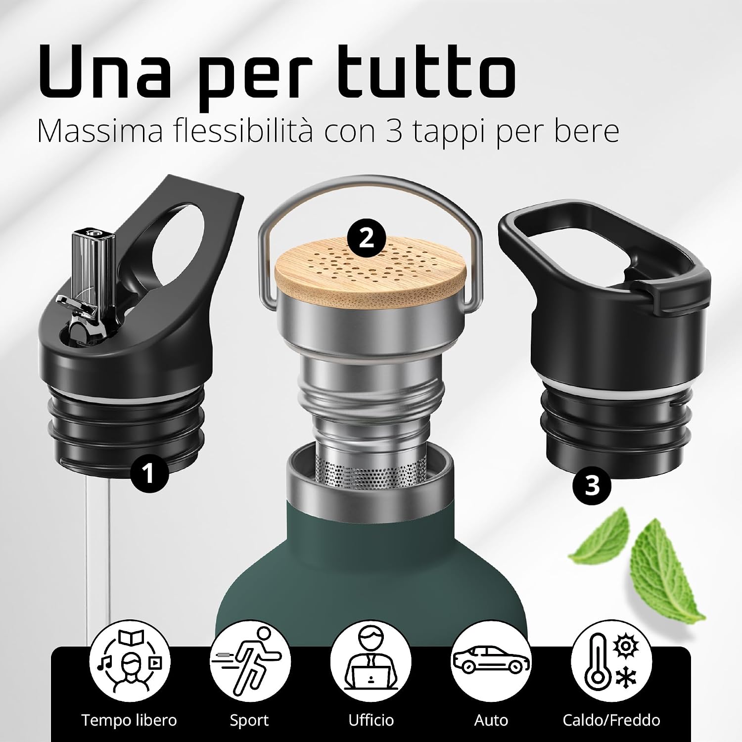 Detalle de BeMaxx Borraccia Termica ACTIVE FLASK 950 ml: infusore, tre tappi e acciaio inox, senza BPA
