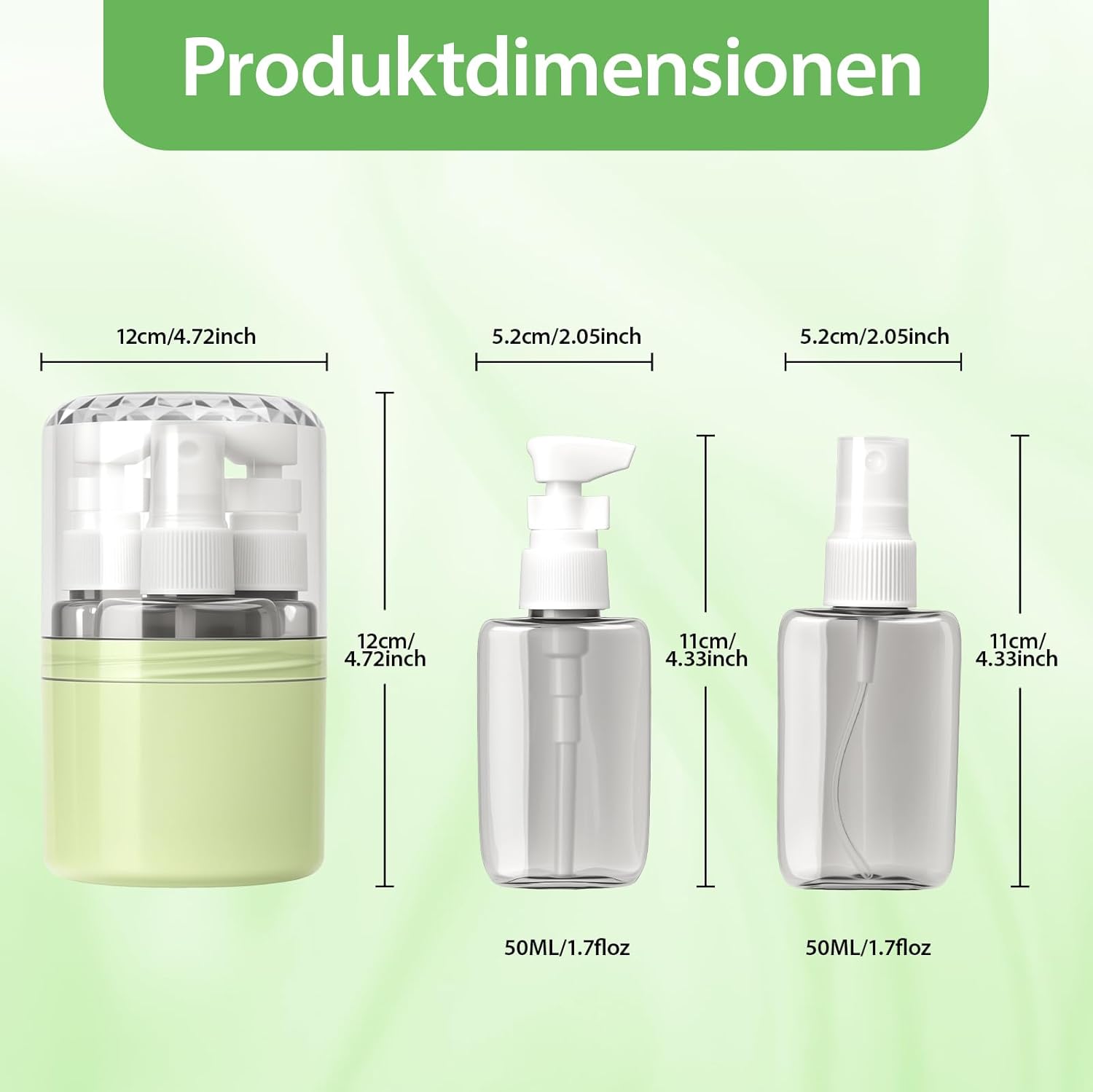Detalle de Xiuxhae Dunkle 4-in-1 Reiseflaschen Zum Befüllen – 50 ml Pump- und Sprayflaschen im Grün, inkl. Etiketten und Trichter