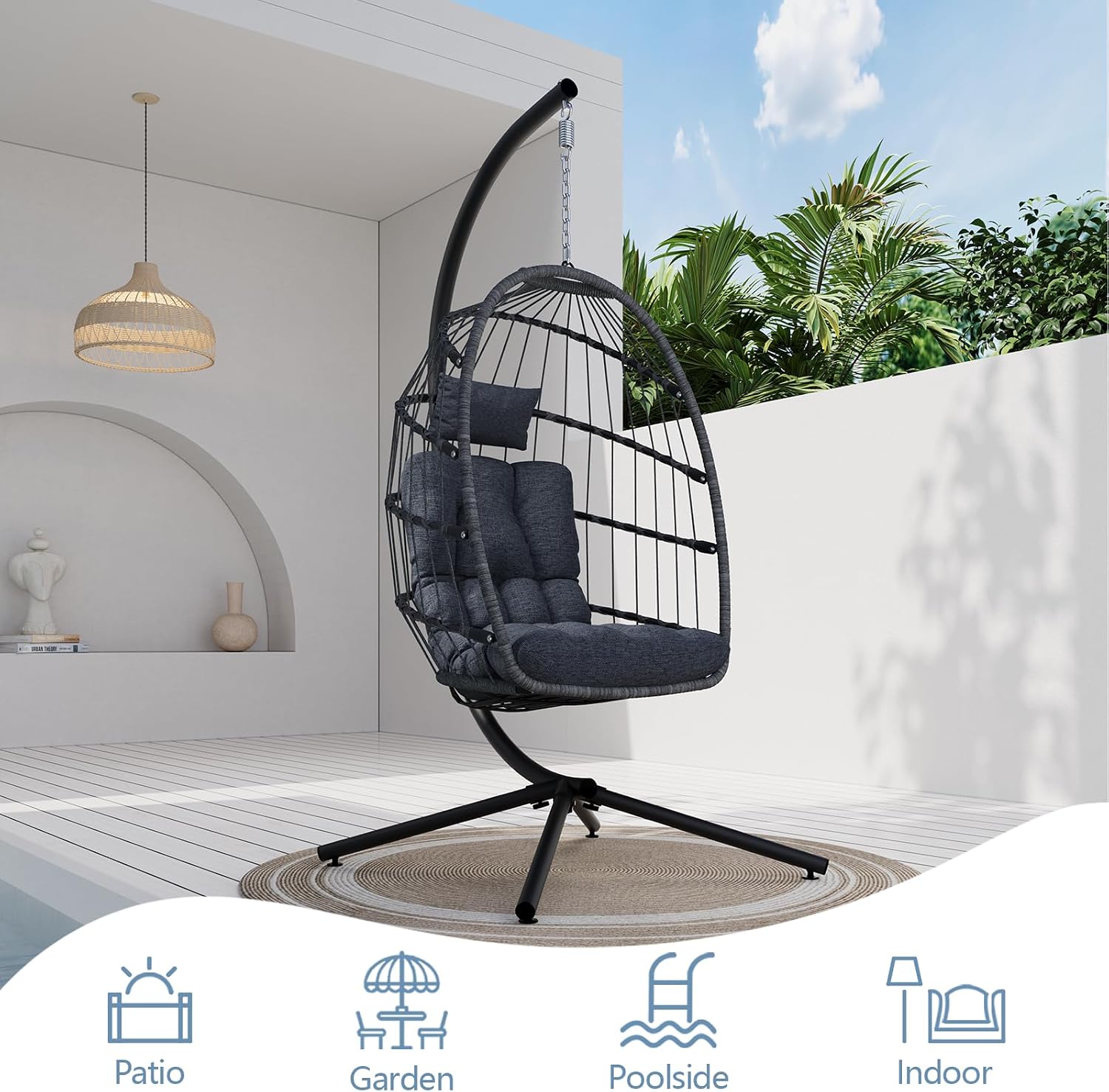 Detalle de SWITTE Egg Chair Outdoor Wicker Swing Chair with Stand, Dark Grey