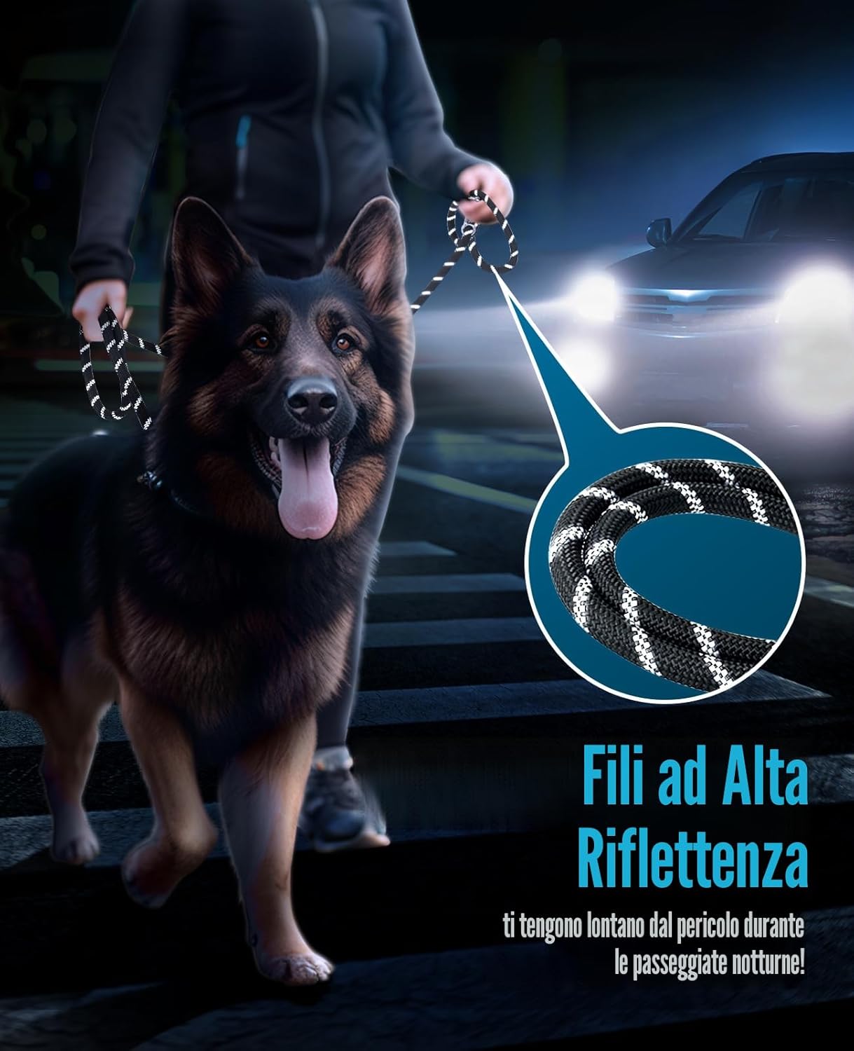 Detalle de Oneisall Guinzaglio per cani taglia grande e media (15-60 kg), fino a 3 m, doppio con catarifrangente e moschettoni girevoli a 360°