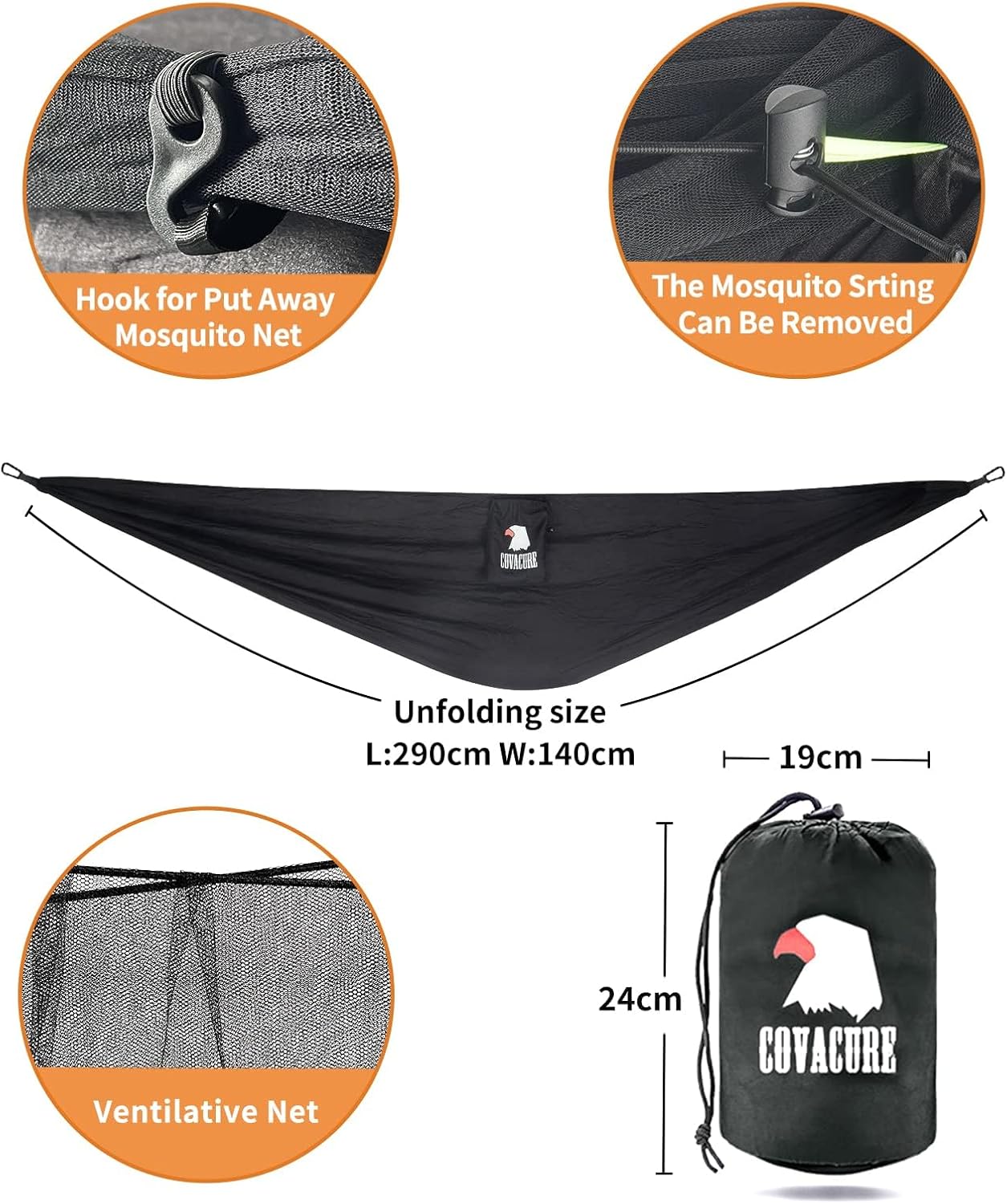 Detalle de COVACURE Outdoor Hängematte mit Moskitonetz – 350 kg Belstbarkeit, 290 × 140 cm, Ultraleicht & All-in-One Set