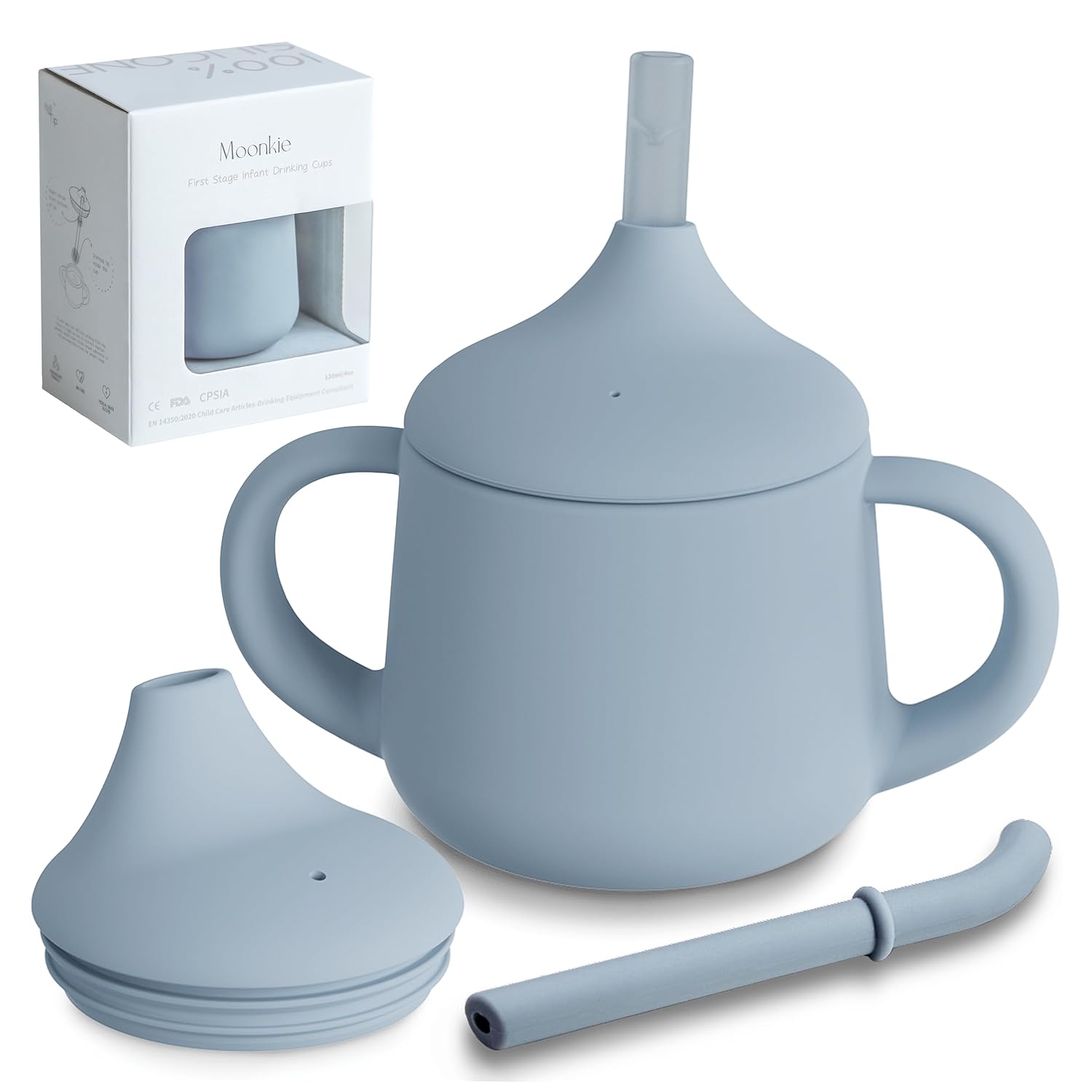 Detalle de Moonkie 4 oz Silicone Baby Training Cup, 3-Stage Sippy, Straw and Open Cup
