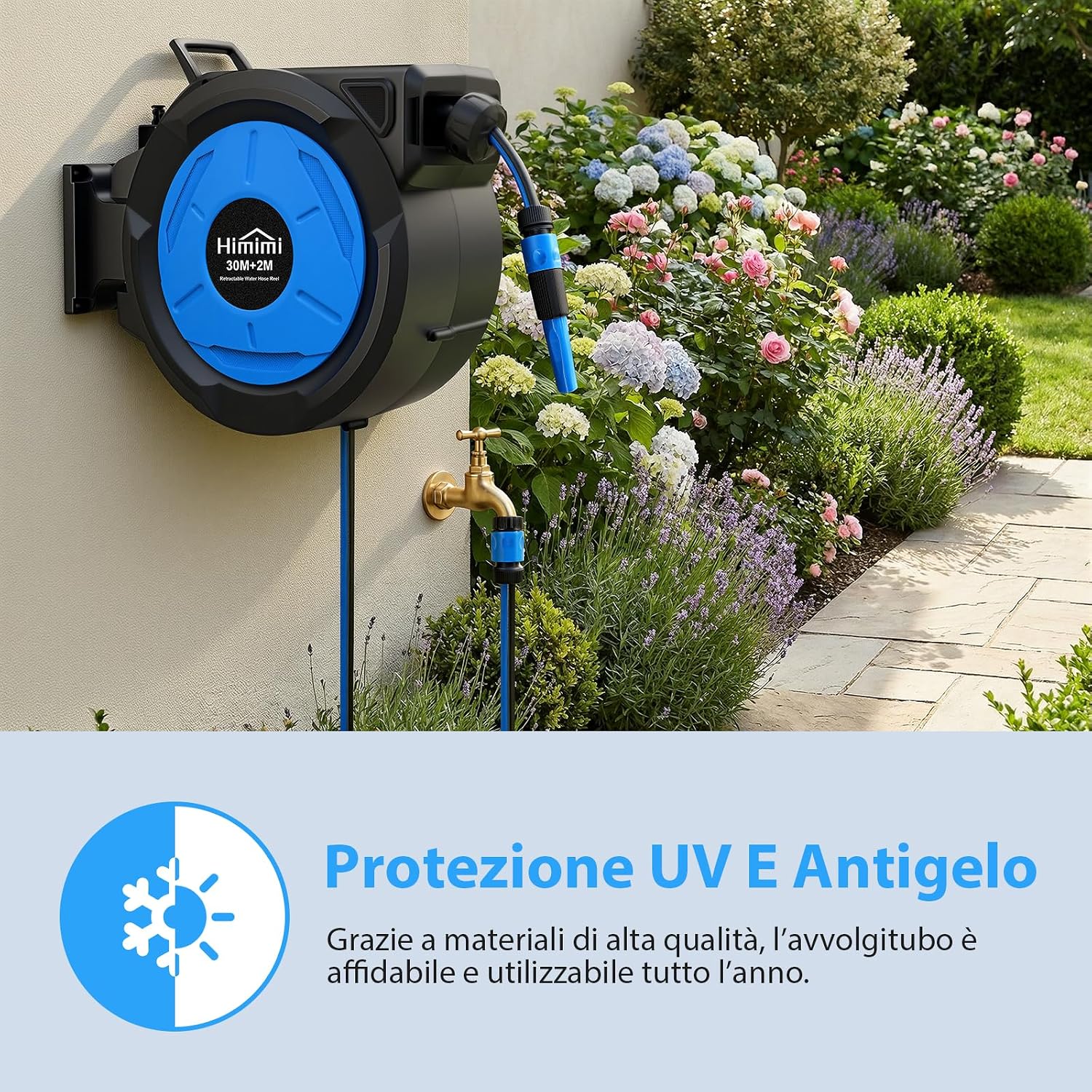 Detalle 2 de Himimi Avvolgitubo Retrattile da Parete 30 m + 2 m, 1/2" – Autoforfettante con Rientro Lento e Rotazione 180°