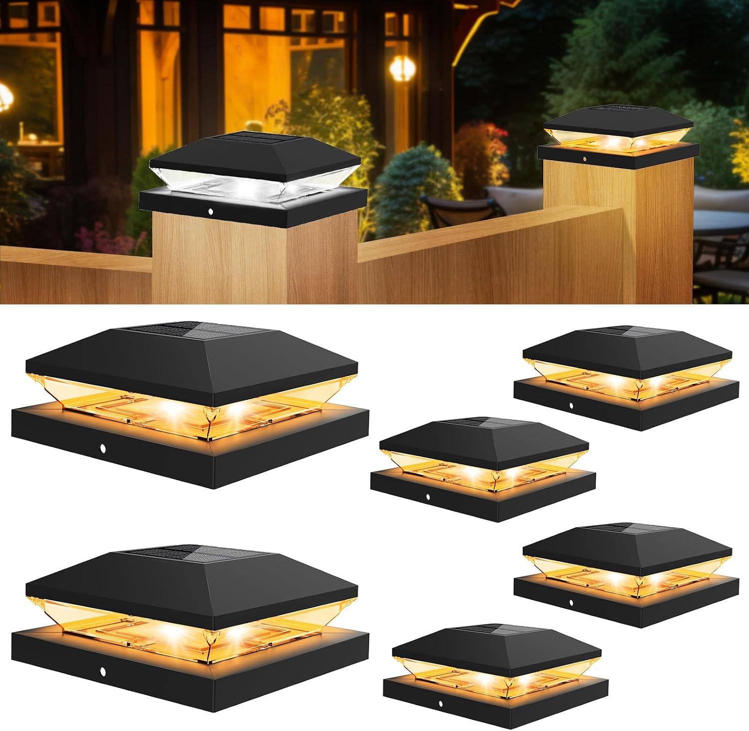 Detalle de T-SUNUS Pfostenleuchte Solar: Pfostenkappe mit zwei Farbtemperaturen (3000K/6000K) für 9x9 bis 14x14 cm Pfosten