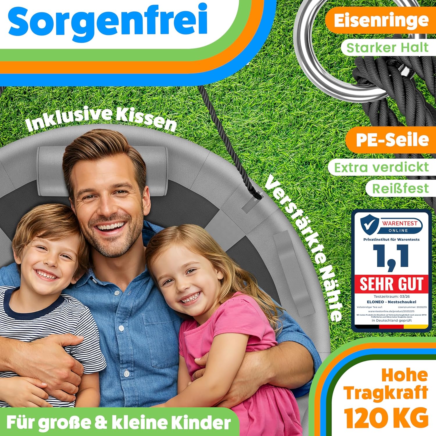 Detalle 2 de ELONEO Balançoire nid 90 cm – balançoire ronde à usage intérieur/extérieur, capacité jusqu’à 300 kg, coussin et kit d’accessoires