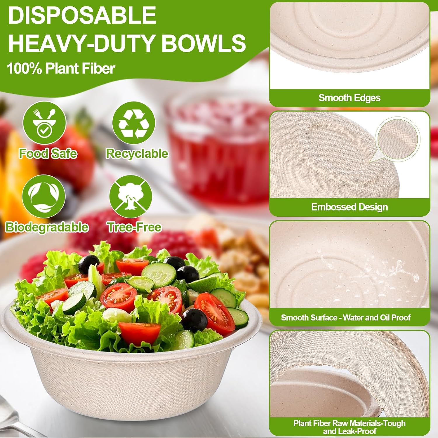 Detalle 2 de DI QIU REN 12 oz Compostable Bagasse Bowls, Brown, 150-Pack