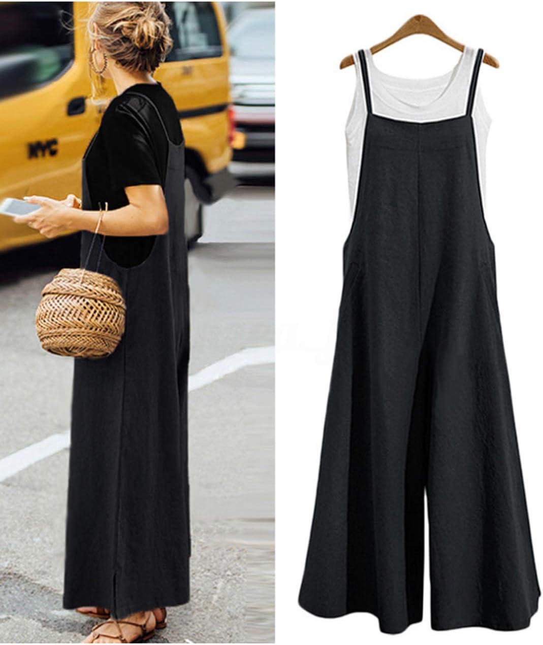 Detalle 2 de YESNO Women Casual Loose Long Bib Pants Wide Leg Jumpsuits with Pockets (PZZTYP2)