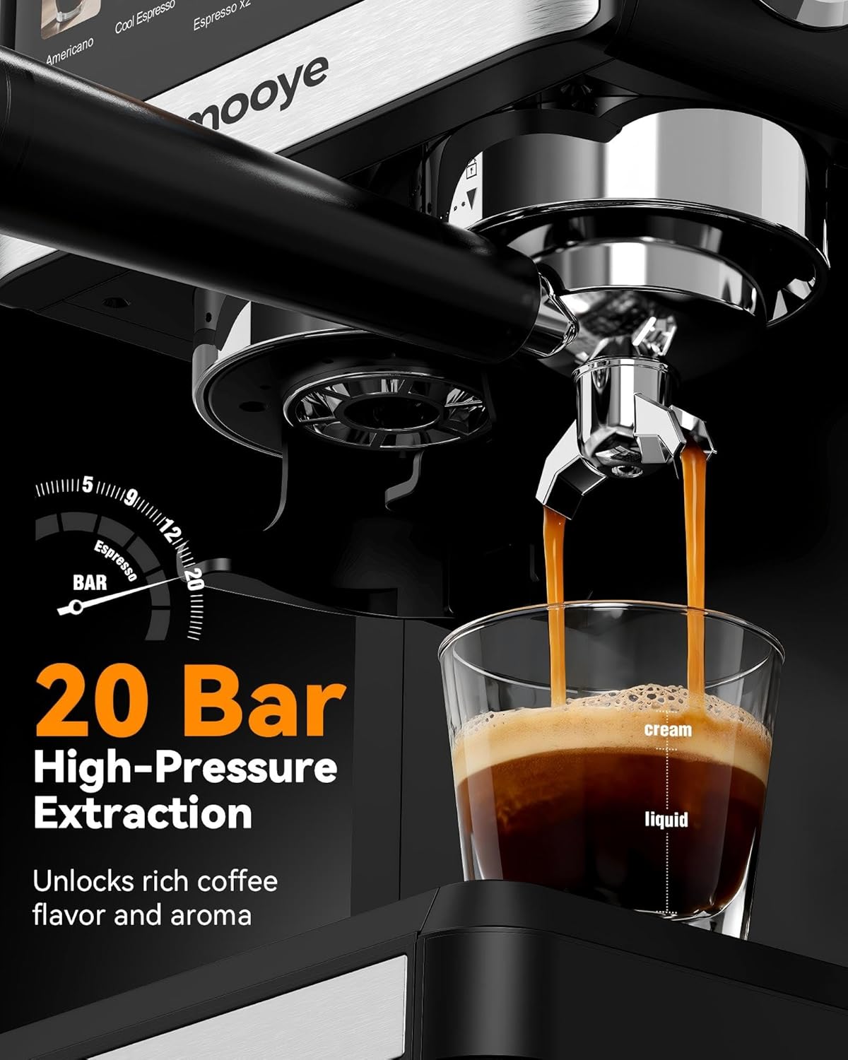 Thumbnail 2 de Mooye Espresso Machine with Grinder (20-Bar) with Steam Wand for Cappuccino, Latte & Cold Brew
