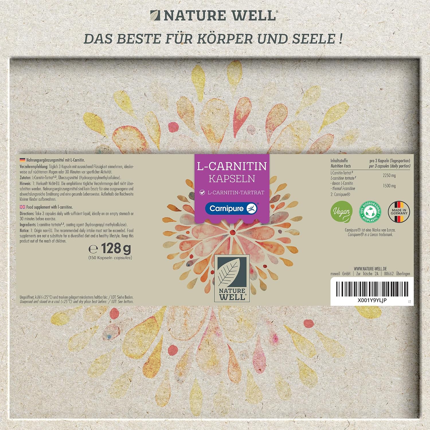 Detalle de L-Carnitin Kapseln 150x – hochdosiert mit 2250 mg Carnipure® L-Carnitin-Tartrat, vegan und laborgeprüft