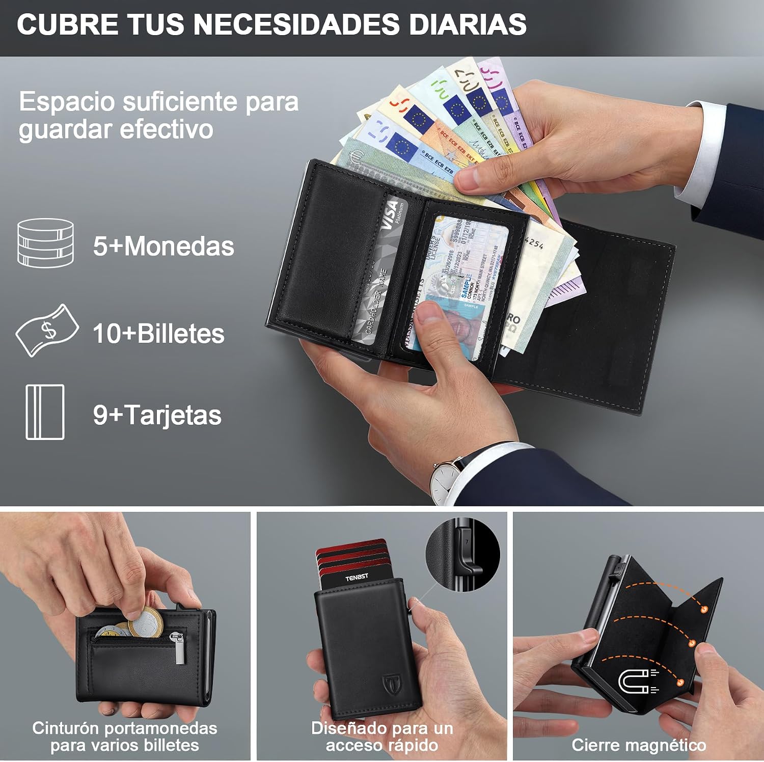 Thumbnail 3 de TENBST Cartera de hombre delgada con protección RFID y cierre magnético