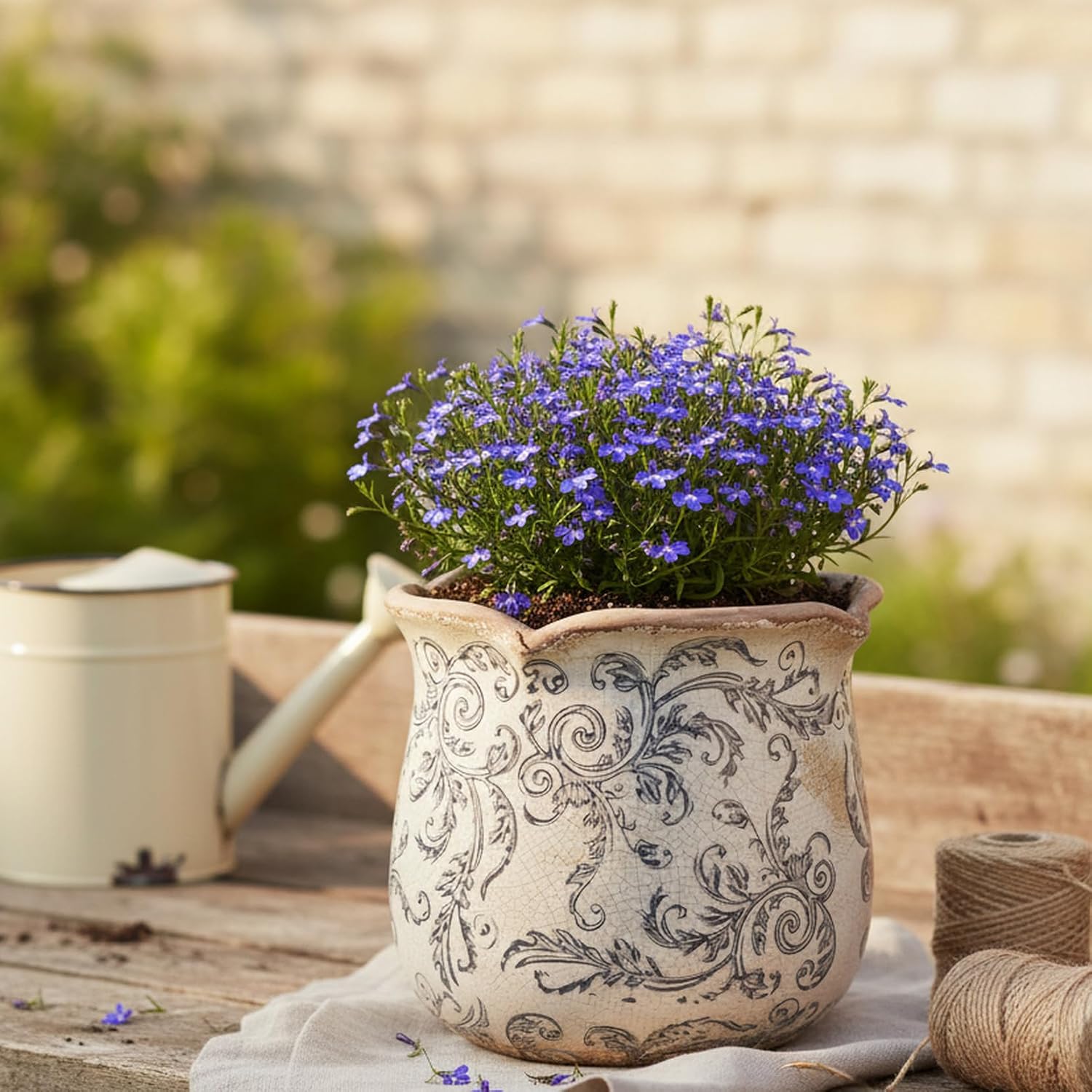 Detalle 1 de Xiaan Jiaju Ceramic Planter, Gray Swirls, Crackle Glaze and Drainage Hole