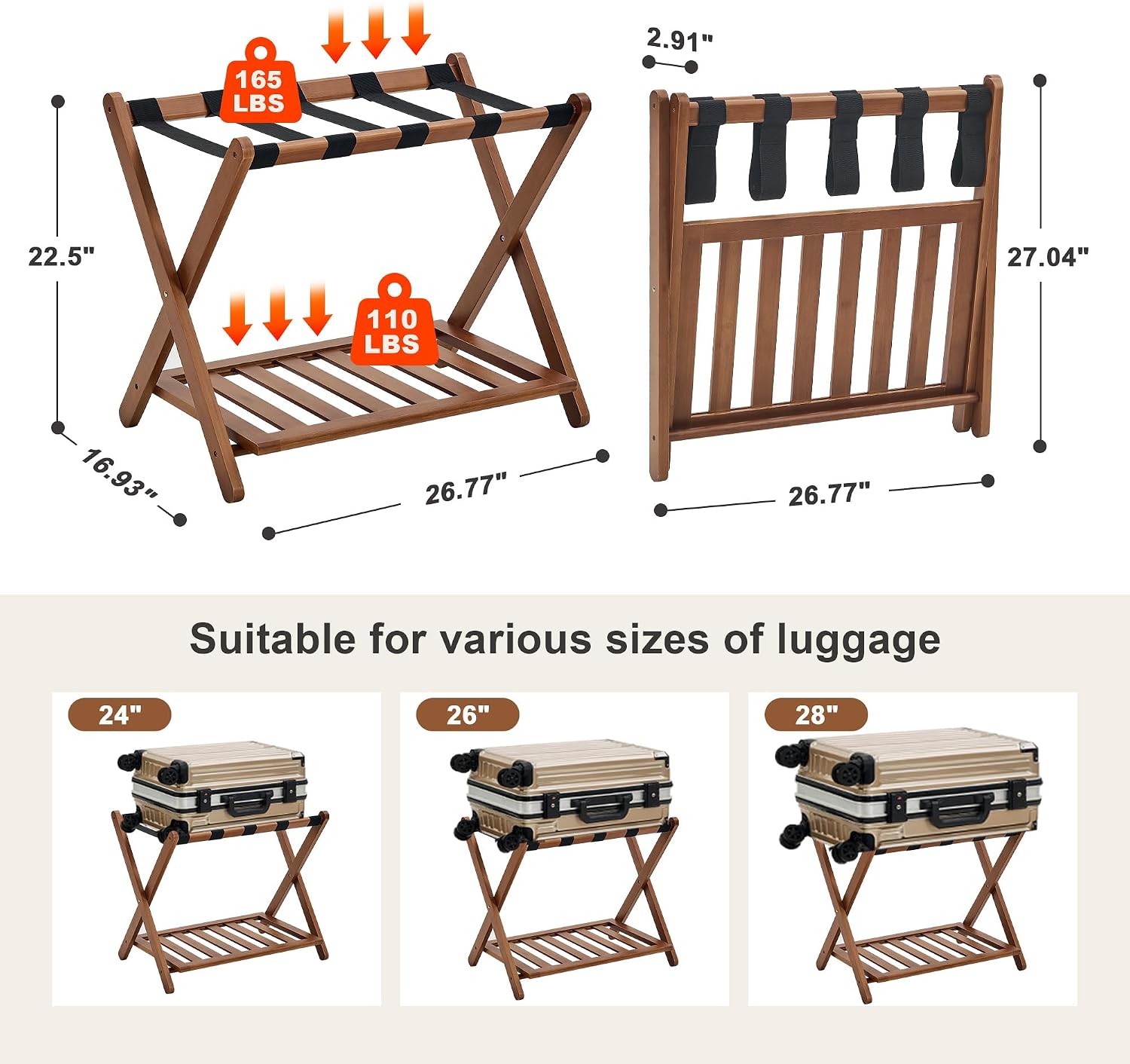 Thumbnail 2 de oakvivo Walnut Bamboo Luggage Racks, Set of 2, Folding Two-Tier Stands