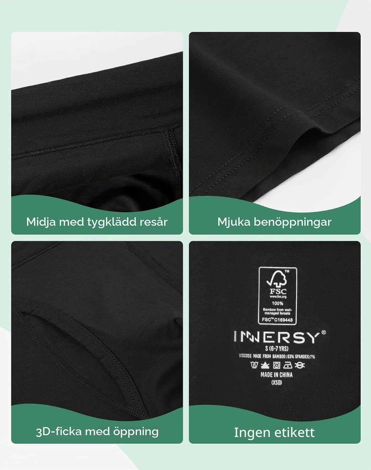 Detalle de INNERSY boxershorts för pojkar i bambu med gylf, 116–176, 6-pack