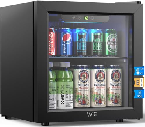 Detalle de WIE Nevera para Bebidas 36L: mini frigorífico expositor de 55 latas, puerta de cristal y No Frost