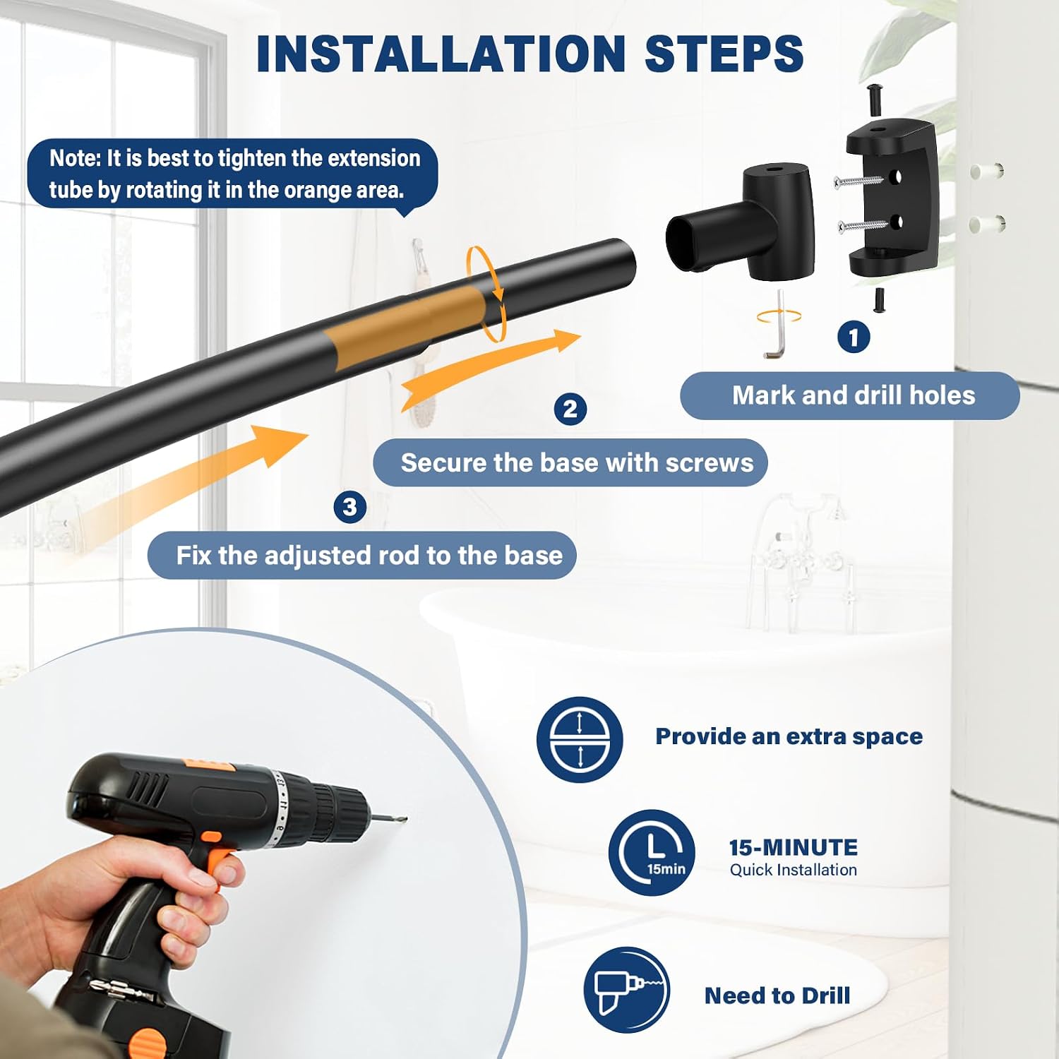 Thumbnail 6 de Abiglifty Curved Shower Curtain Rod (109–198cm) adjustable black rail – rust-resistant, drill-in style