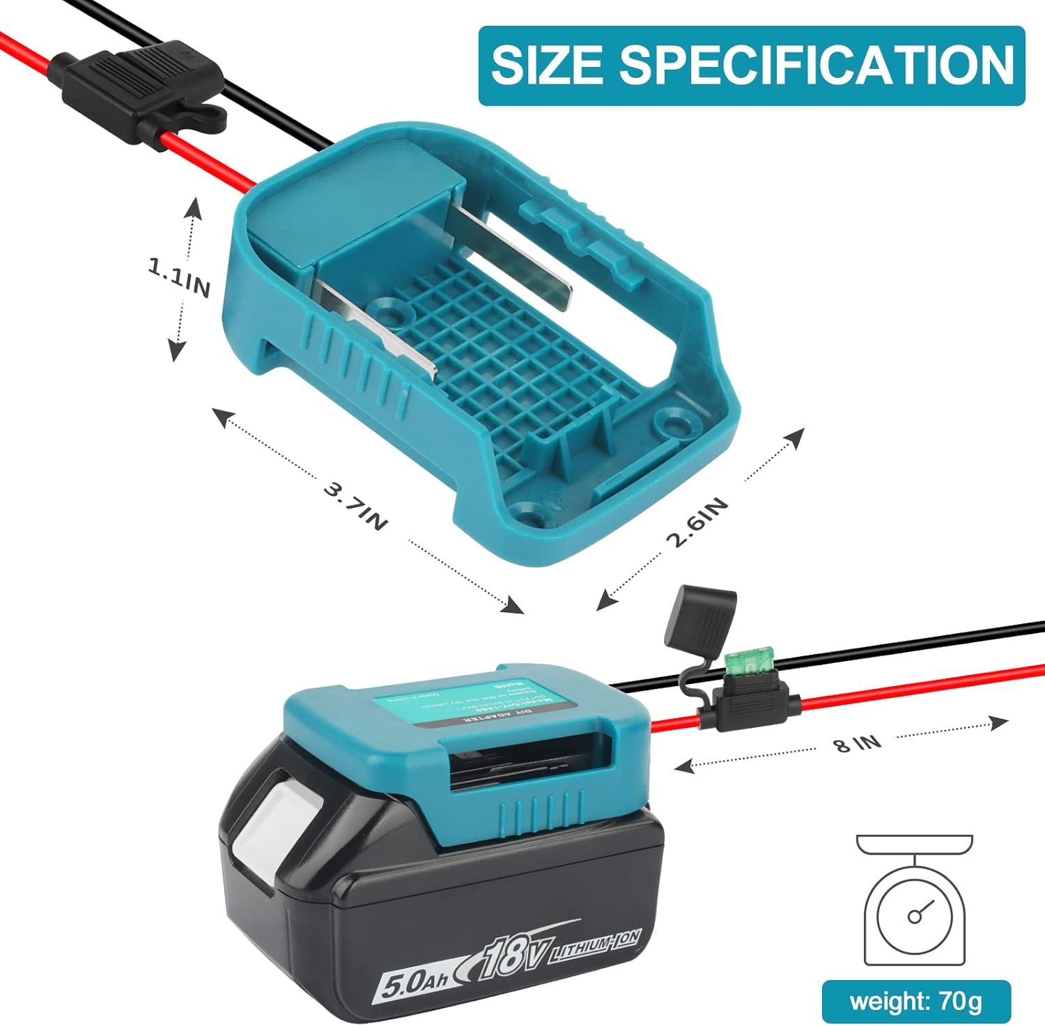 Detalle de 2 Pack QUPERR Power Wheel Adapter avec Fuse & Switch – Adaptateur pour Makita 18V