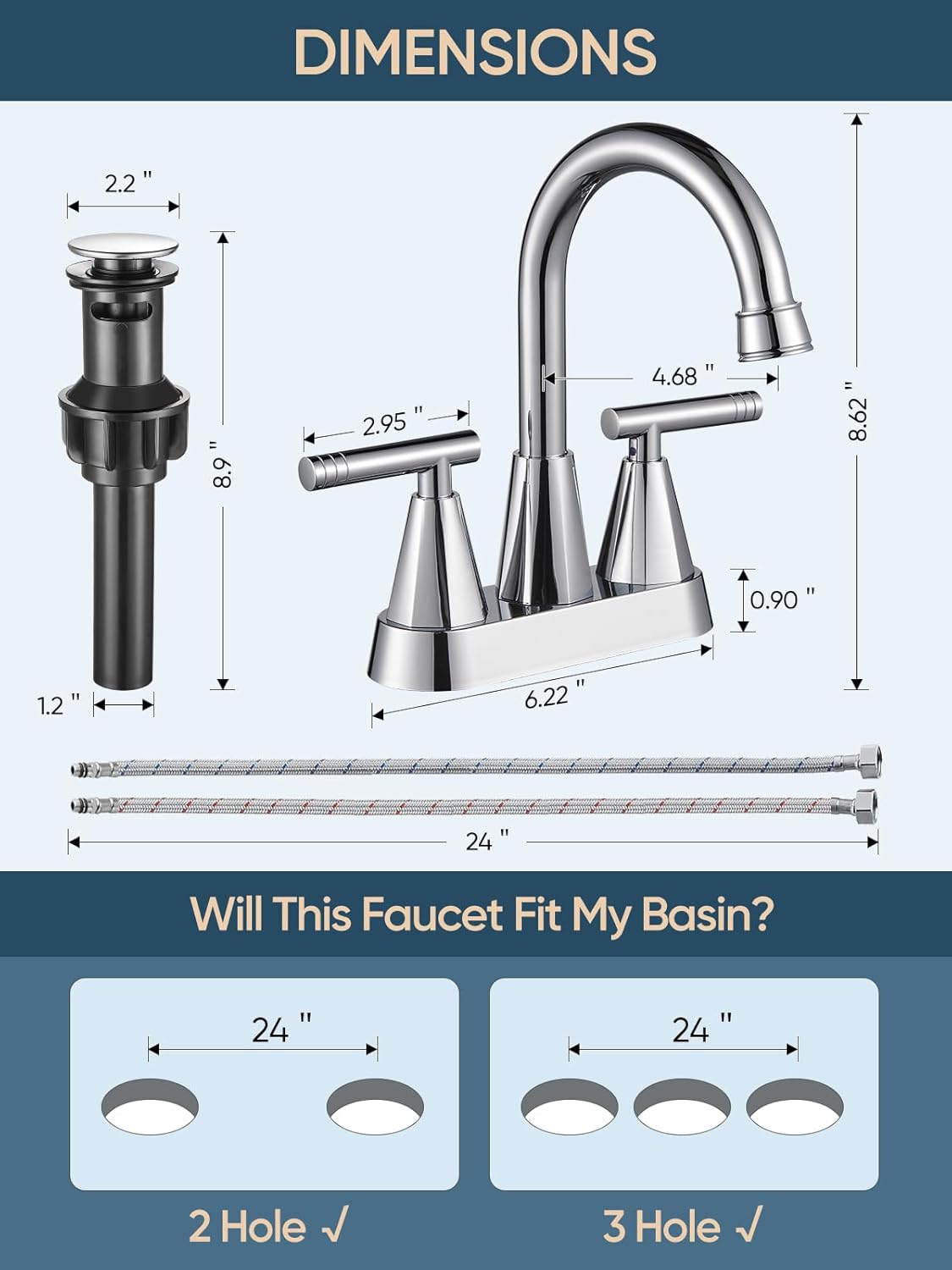 Thumbnail 5 de Cobbe 3-Hole 4-Inch Centered Chrome Bathroom Faucets (2-Pack) with Pop Up Drain & 2 Hoses