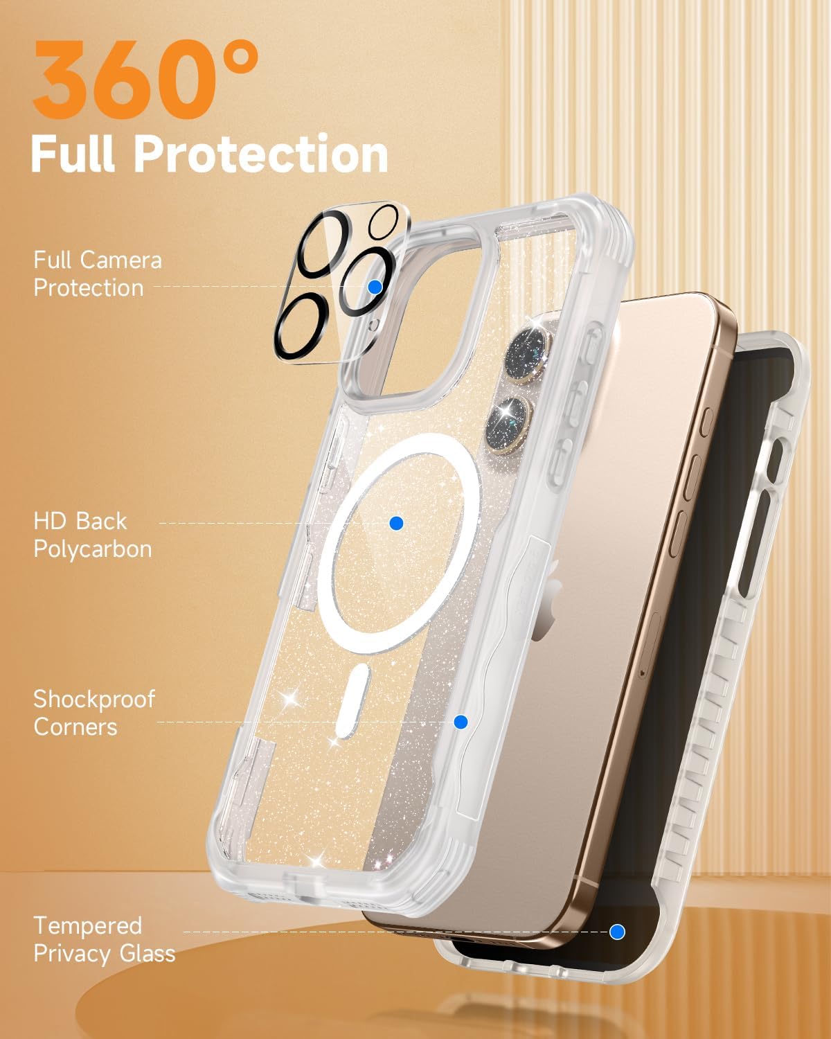 Thumbnail 2 de seacosmo Magnetic iPhone 16 Pro Max Case with Bling Sparkle Privacy Cover and 9H Glass Screen Protector