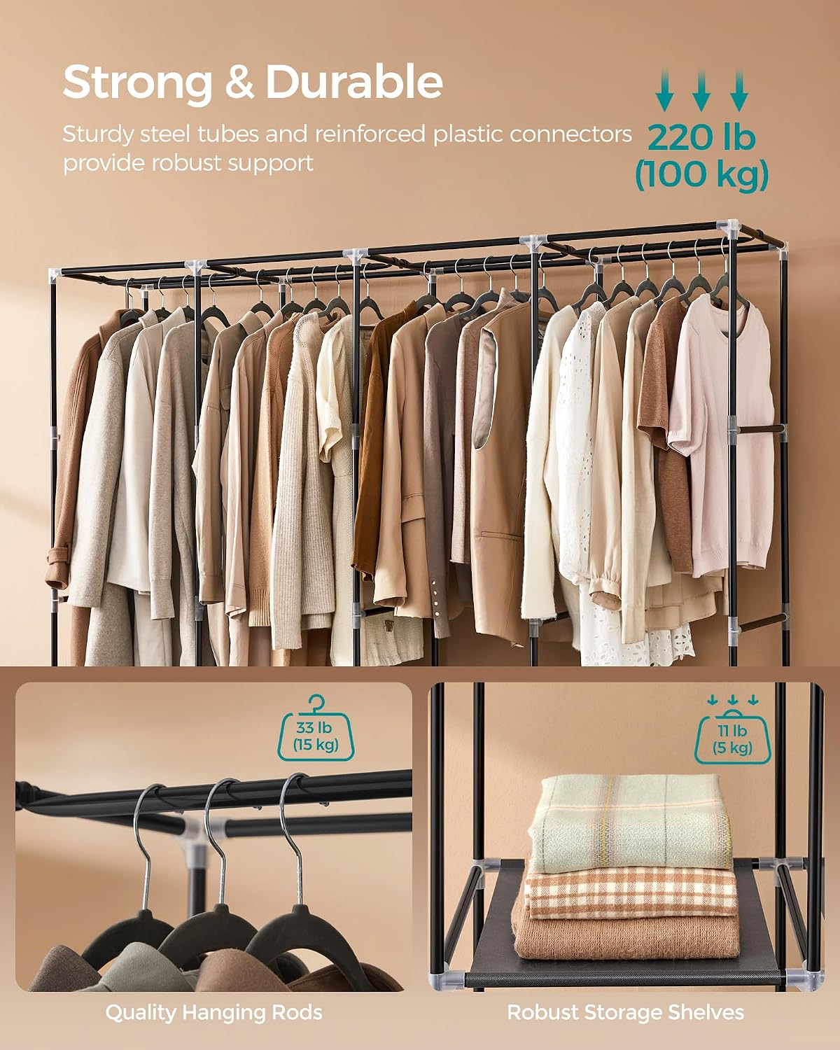 Detalle de SONGMICS RYG094B02 portable clothes wardrobe 170×45×167 cm 🚪