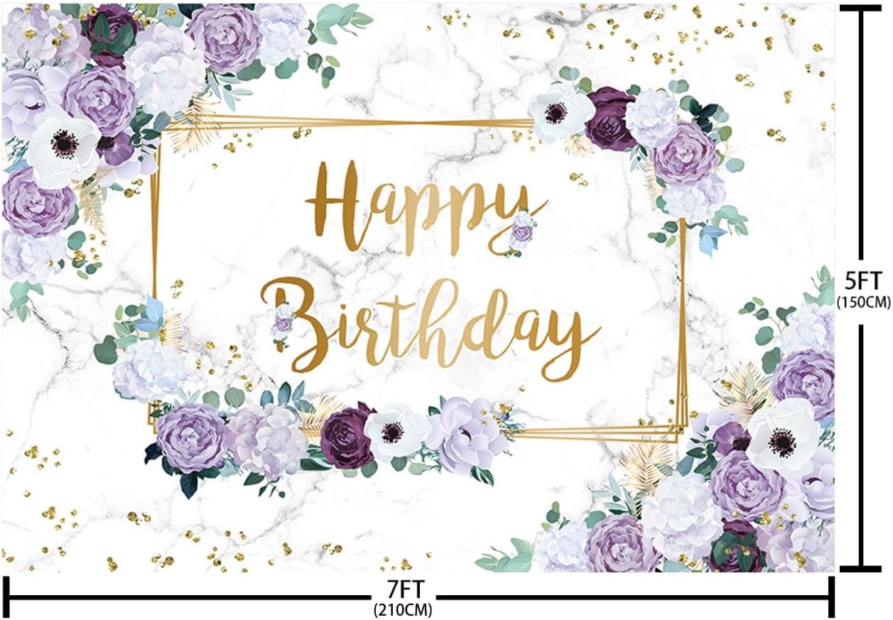 Thumbnail 2 de AIBIIN Happy Birthday purple & white floral backdrop (7x5ft) for cake smash photography