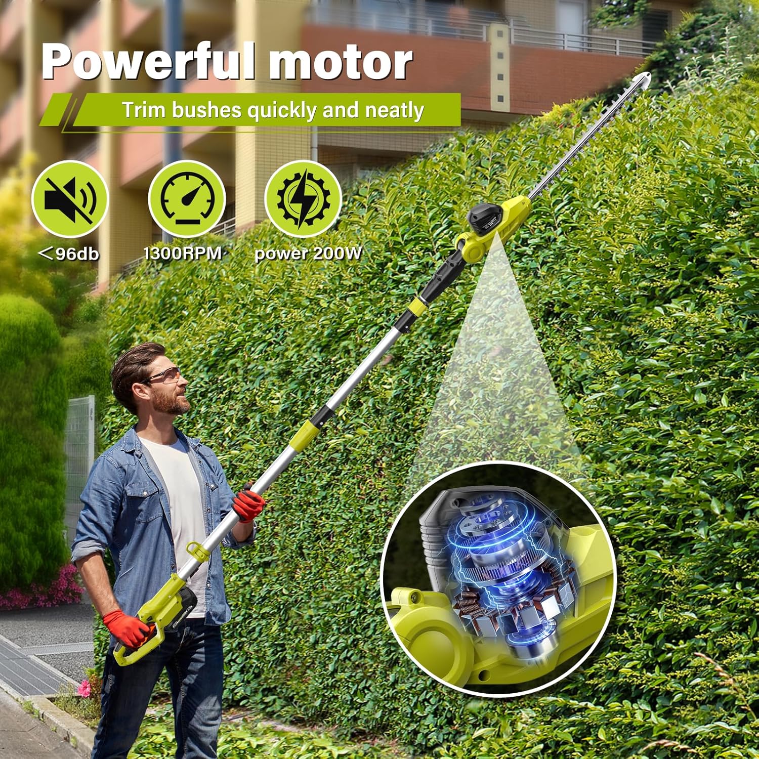 Thumbnail 4 de Pole Hedge Trimmer Long Reach with 2×2.0Ah Batteries – 50cm Blades, Telescopic to 9ft, with Shoulder Strap