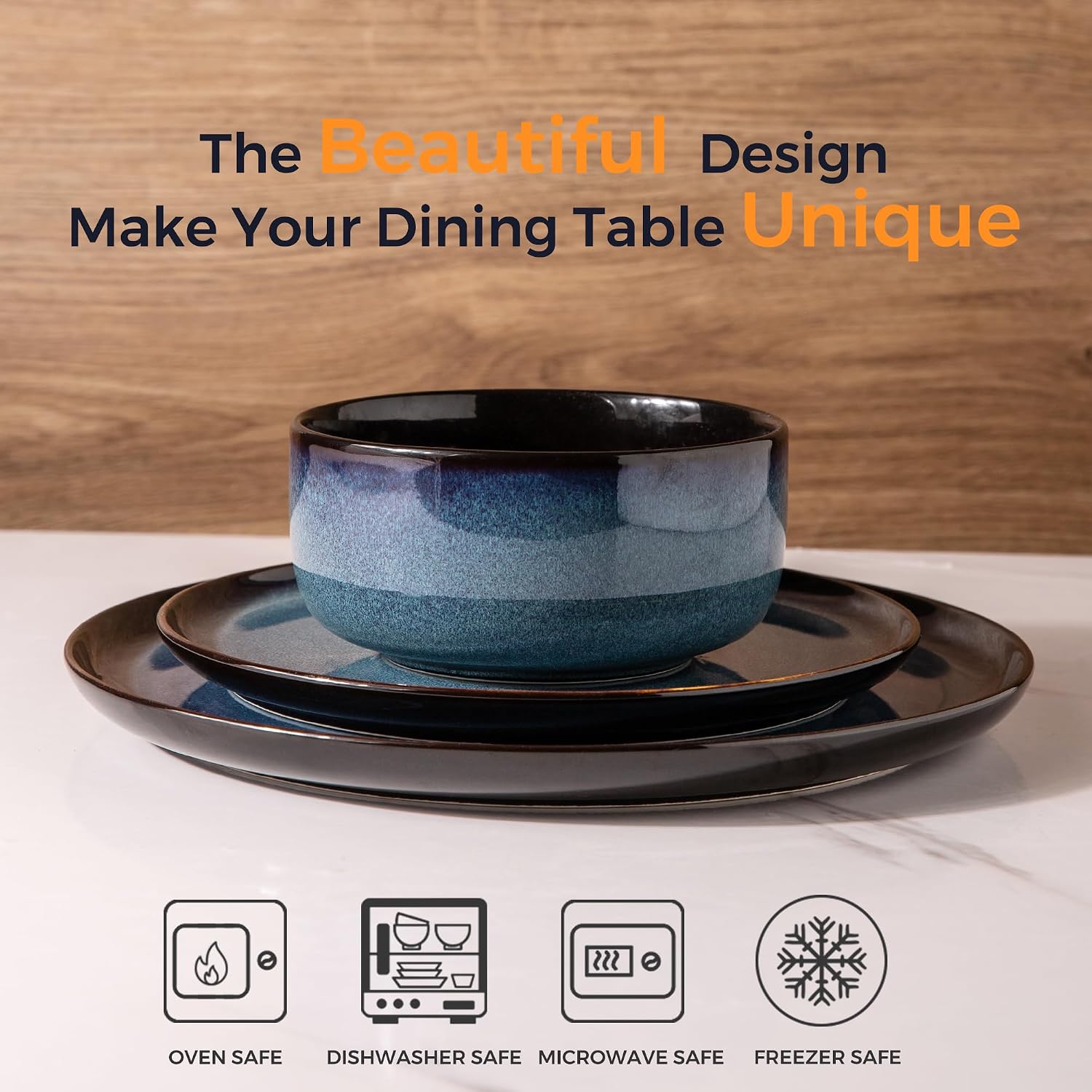 Detalle de LERATIO Ceramic Dinnerware Set for 8 — Stoneware, Reactive Glaze, 24-Piece Service for 8, Blue