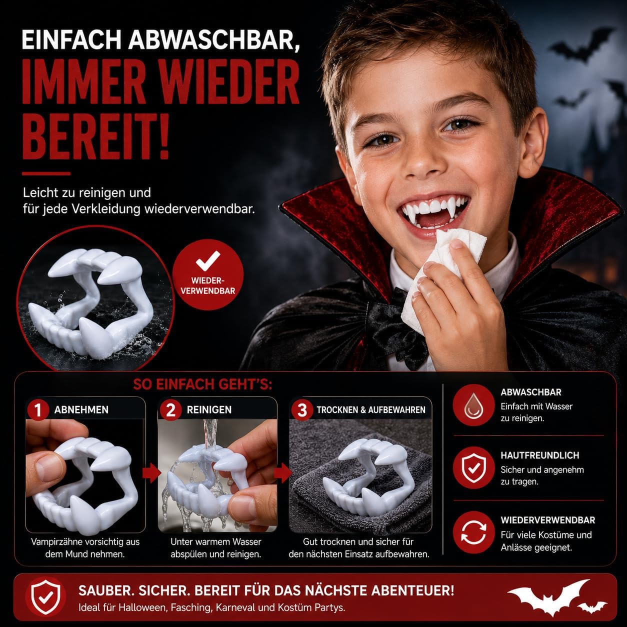 Detalle de FV-001 vampyrtänder för barn med tydliga huggtänder