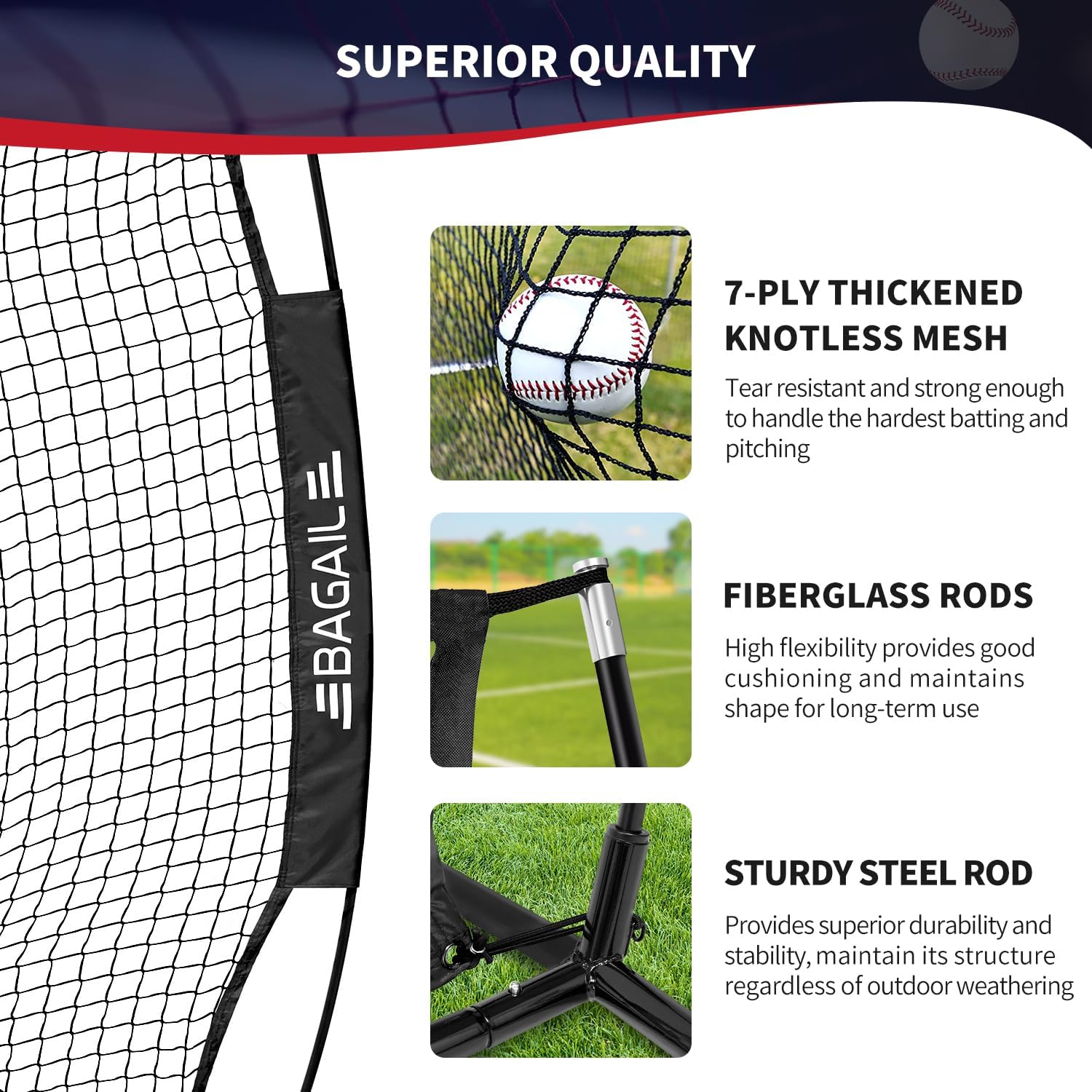 Detalle 2 de BAGAIL BN03-Black Baseball & Softball Training Net, 7x7 ft with Tee and 2 Strike Zones