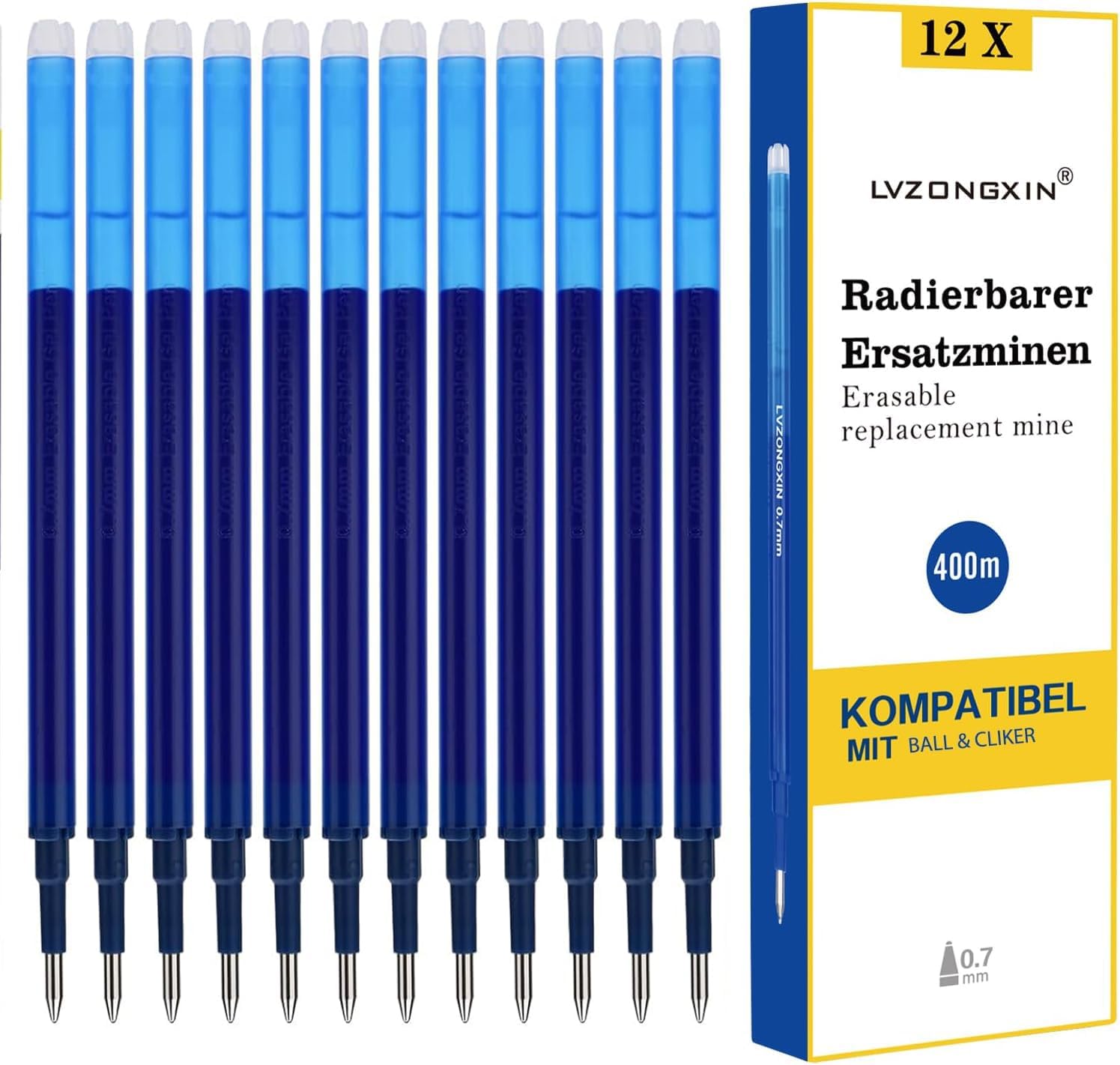 [12 Stück] radierbare Ersatzminen von LVZONGXIN – kompatibel mit Pilot FriXion Ball & Clicker & „animal erase it“ (Spitze 0,7 mm)