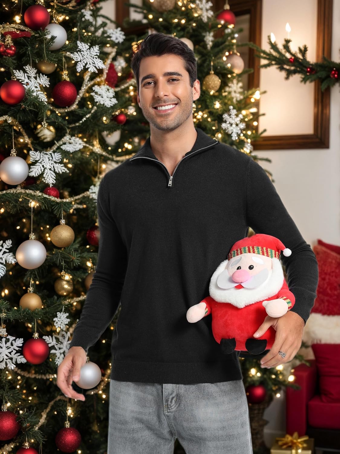 Detalle de Pull homme Yukiuiny col zippé effet haut roulé Noël flocon de neige