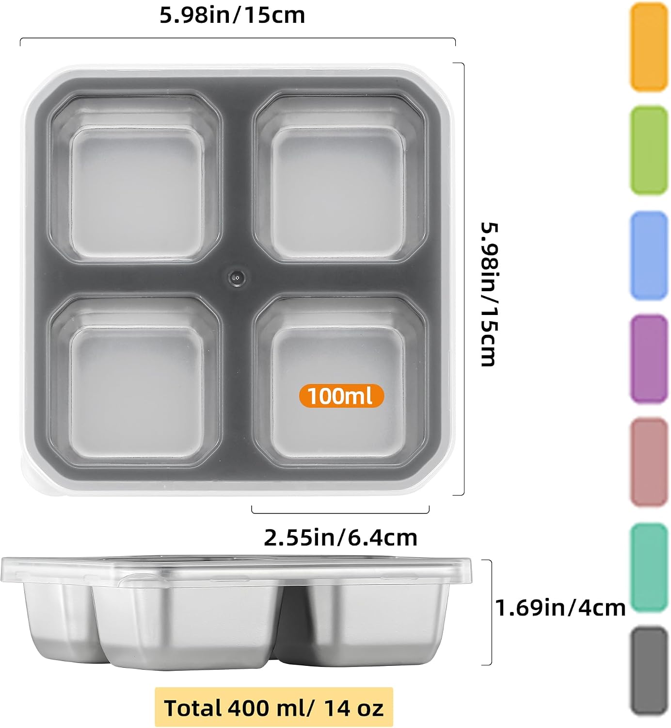 Detalle 2 de Misichao 4-pack RVS-bentobox met 4 vakken, stapelbaar en 400 ml