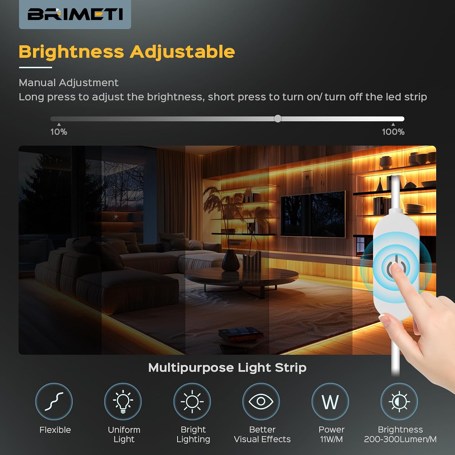 Detalle de BRIMETI 1M COB-ledstrip, USB 5 V, 6000 K en dimbaar