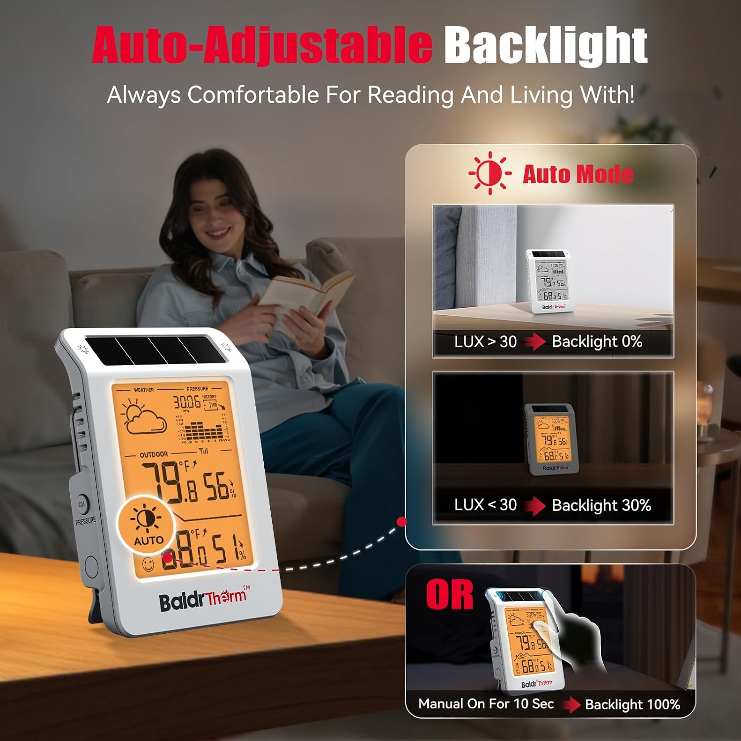 Detalle de BaldrTherm Wireless Weather Station with Dual-Zone Monitoring and Auto Backlight