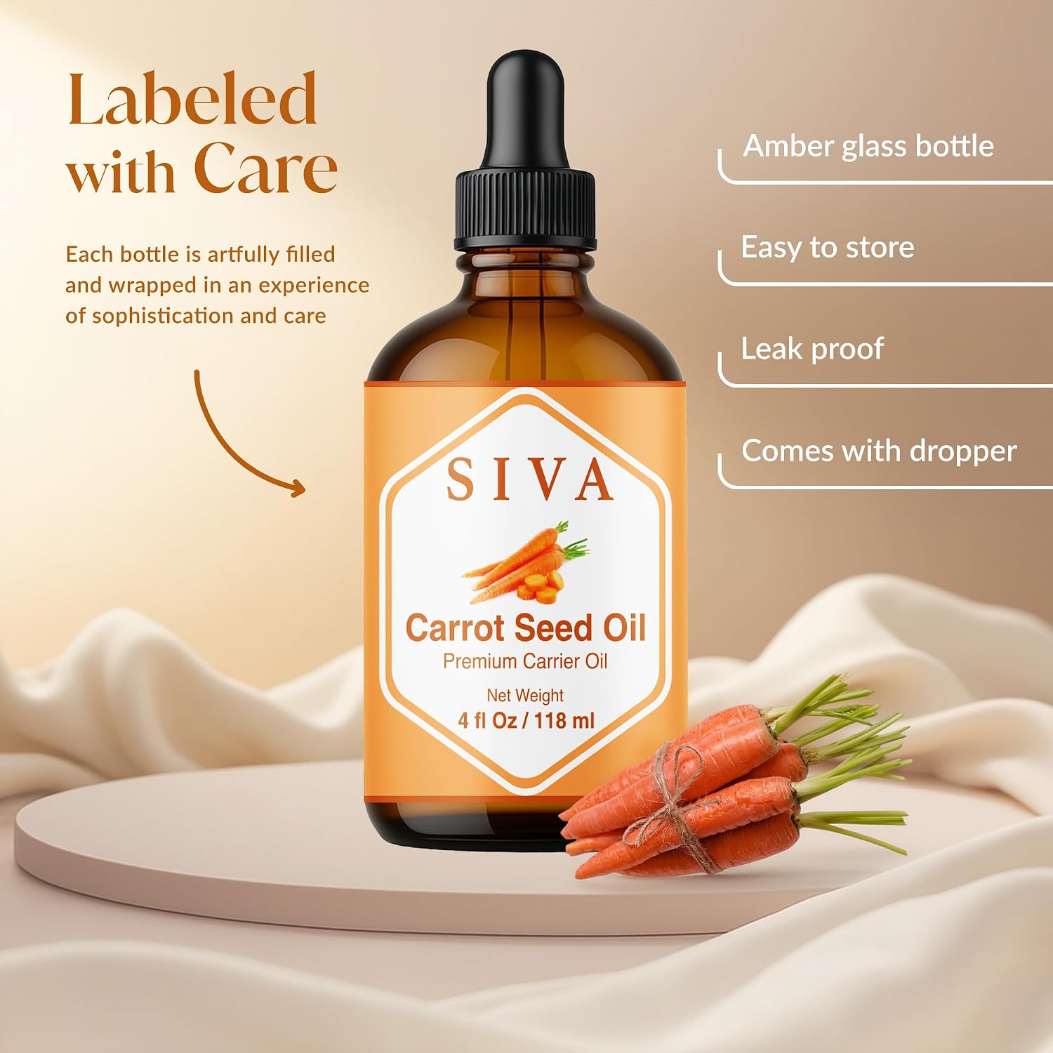 Detalle 2 de SIVA Carrot Seed Carrier Oil, 4 fl oz Amber Glass Dropper Bottle