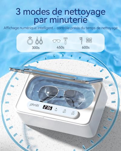 Detalle de Phniti Nettoyeur Ultrasons 47 kHz, Ultrasonic Cleaner 330 ml – Nettoyage profond pour bijoux et prothèses