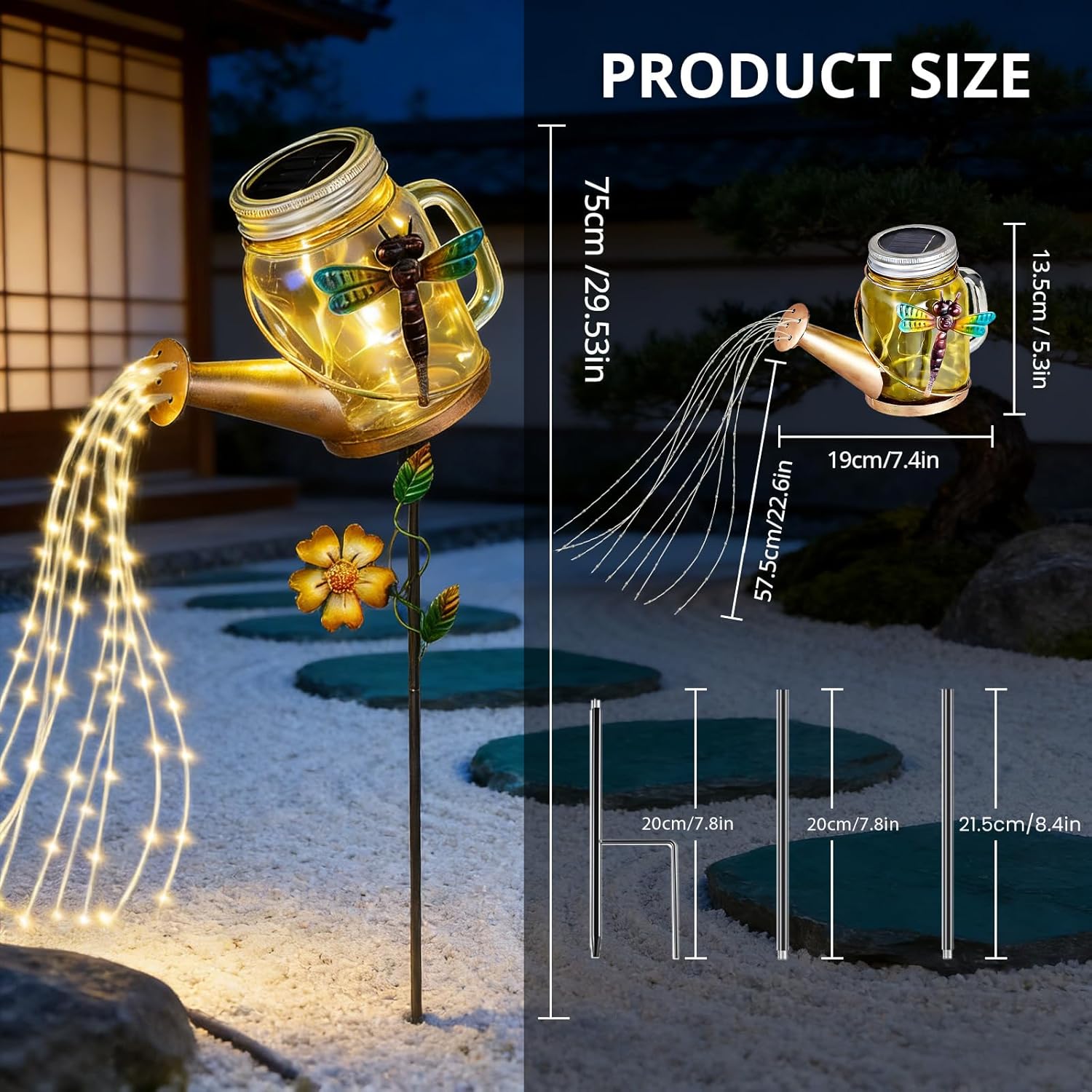 Thumbnail 4 de Solar Watering Can Lights Outdoor – Premium glass & metal solar garden ornament with LED string glow (IP65 waterproof)